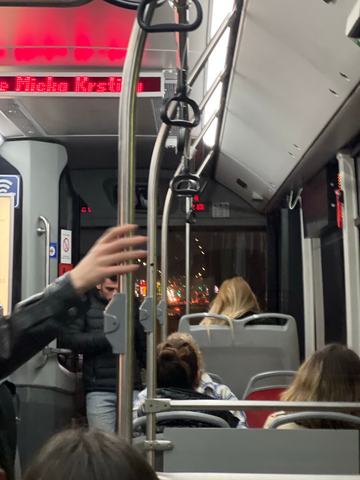 Evening commuters ride public bus in Belgrade suburb