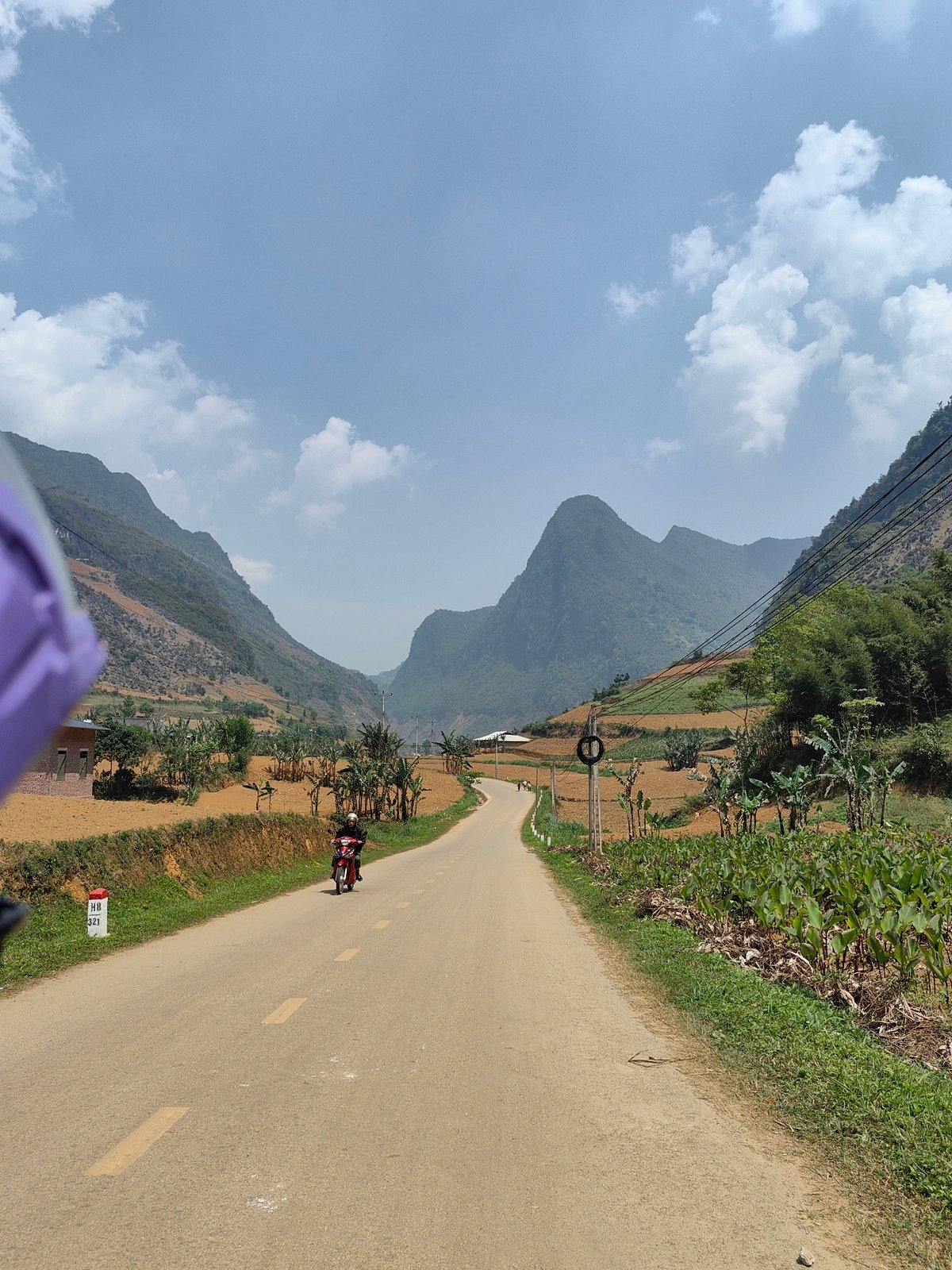 Motorcyclist travels rural road through terraced fields in Vietnam