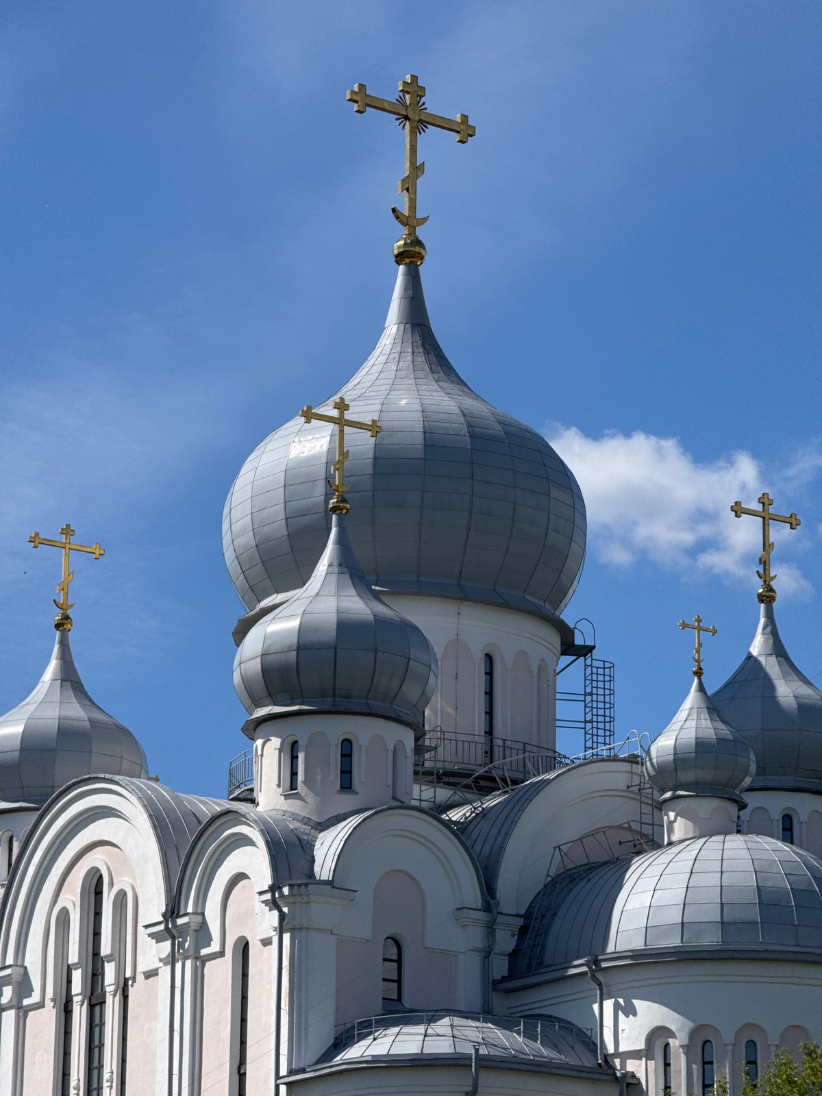 Orthodox domes and roses on a sunny Saint Petersburg morning