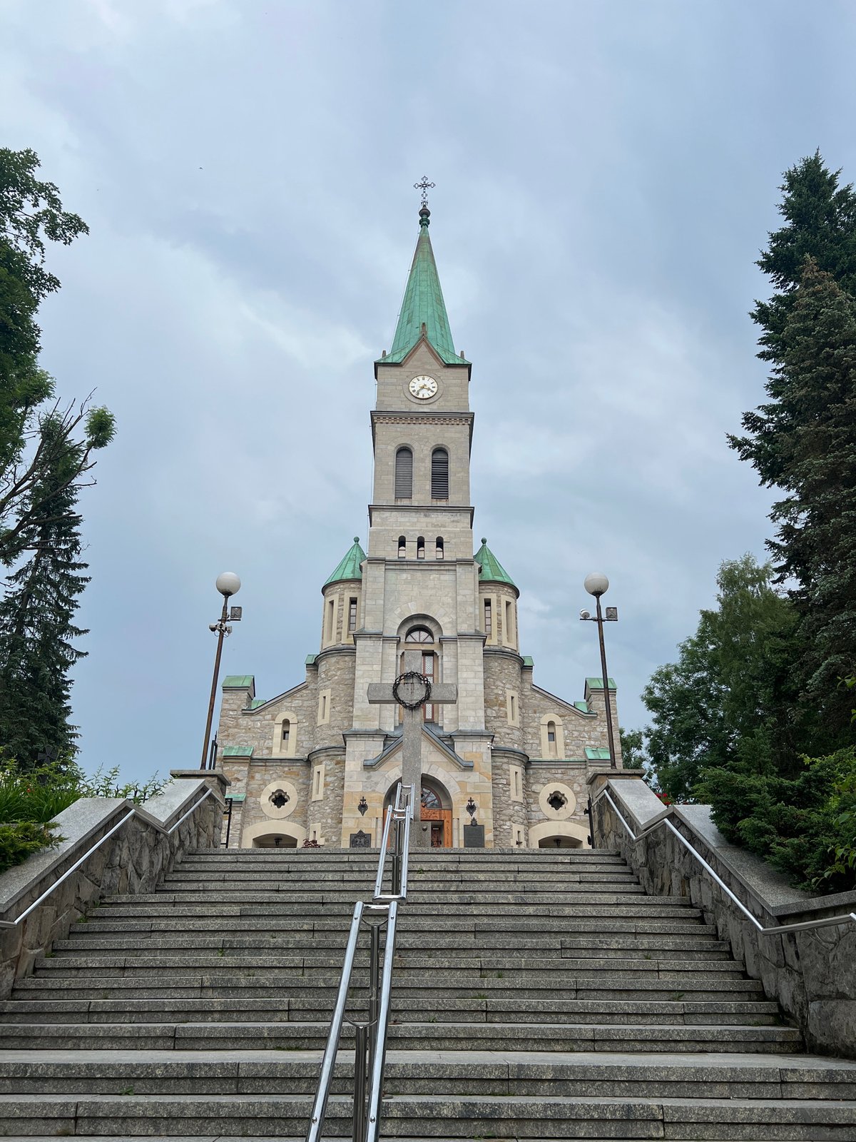 Stone church facade in overcast Zakopane, southern Poland