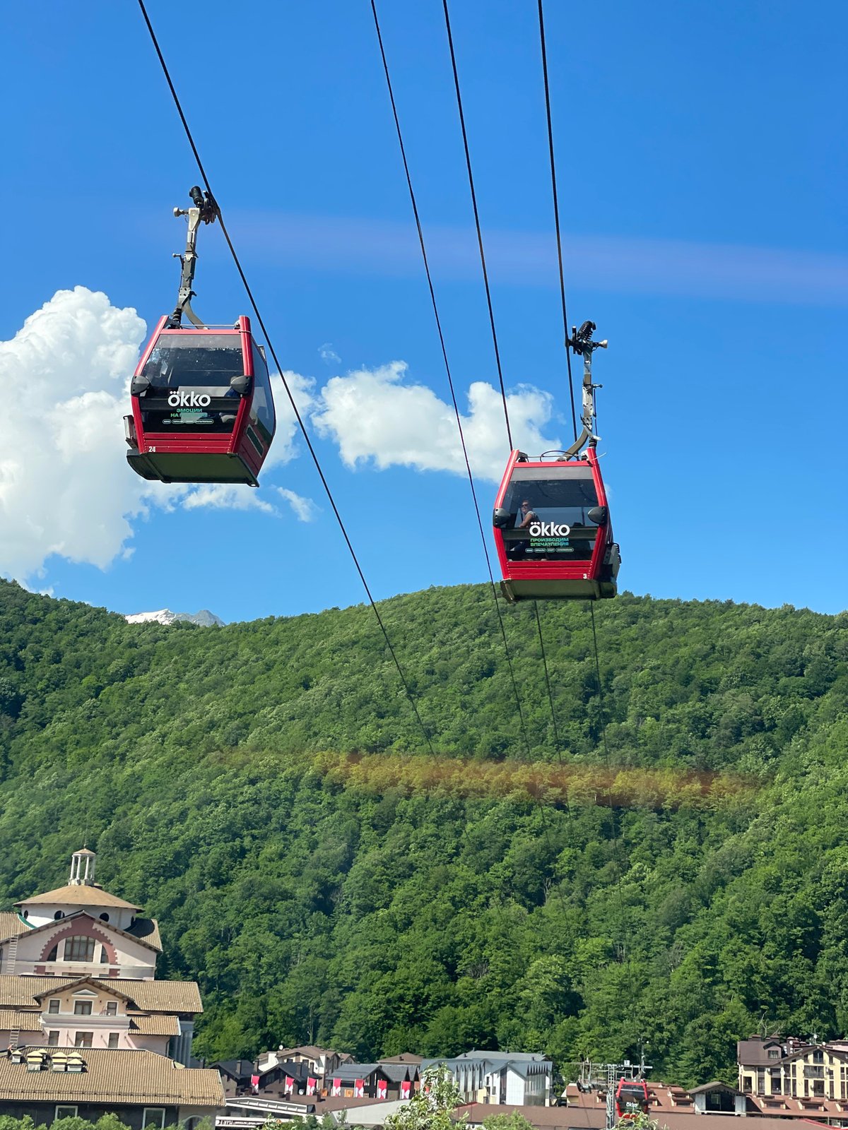 Red cable cars ride high above Estosadok on a clear day