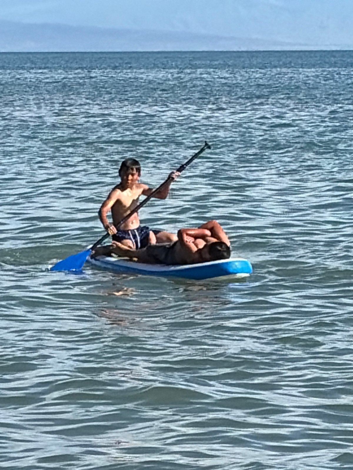 Sunny day paddleboarding session with a dog in the mix