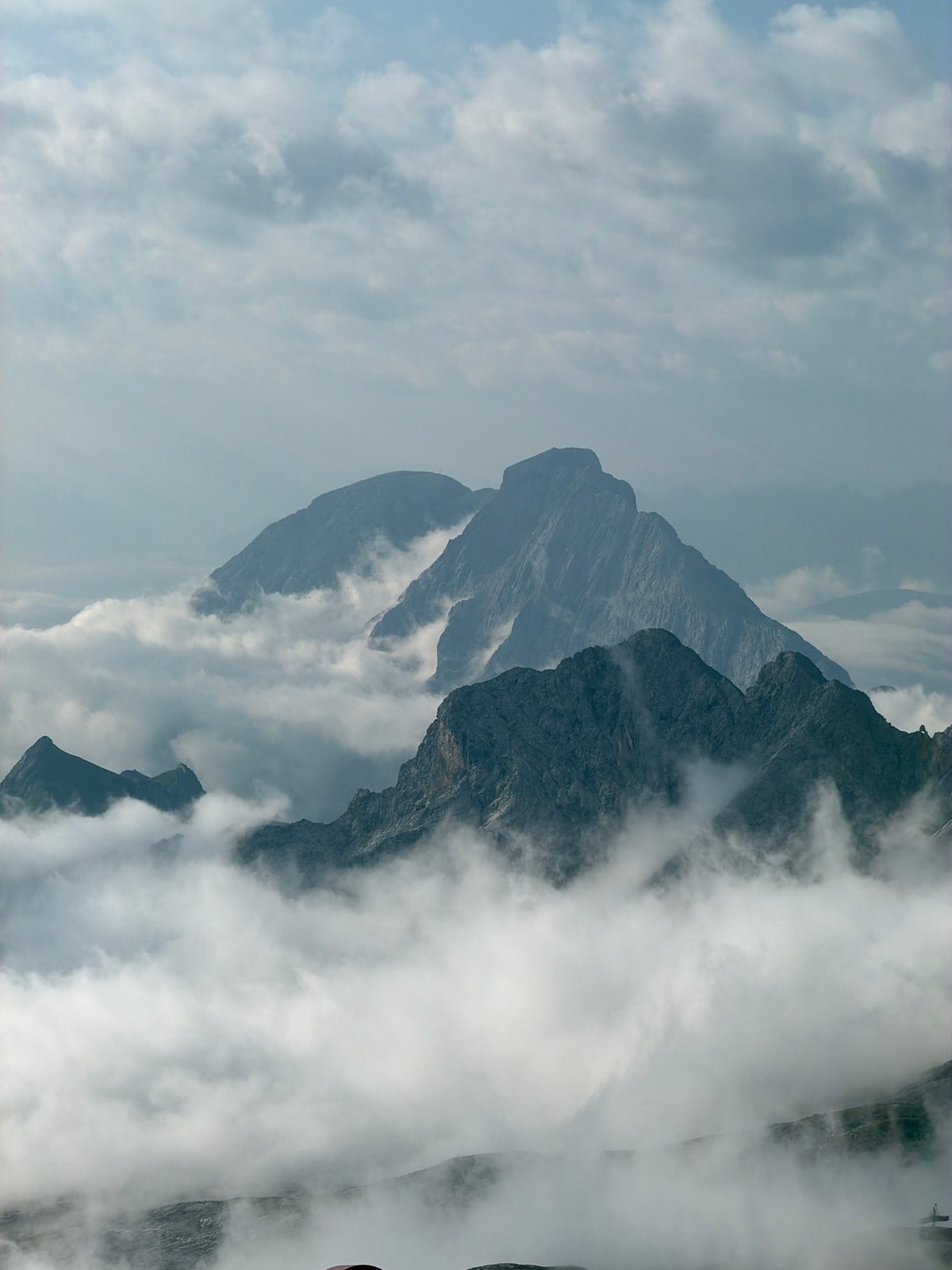 Coffee and cloud cover at a Garmisch summit on a grey morning