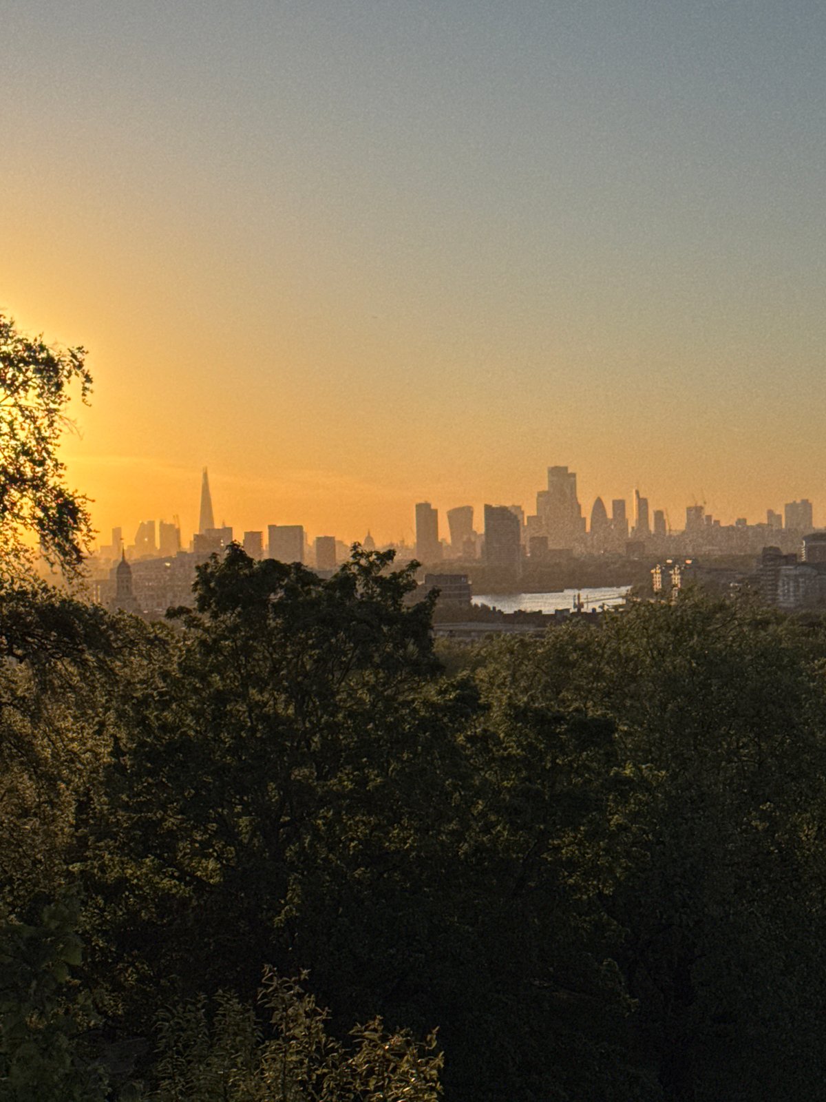London skyline captured during golden hour sunset from elevated park