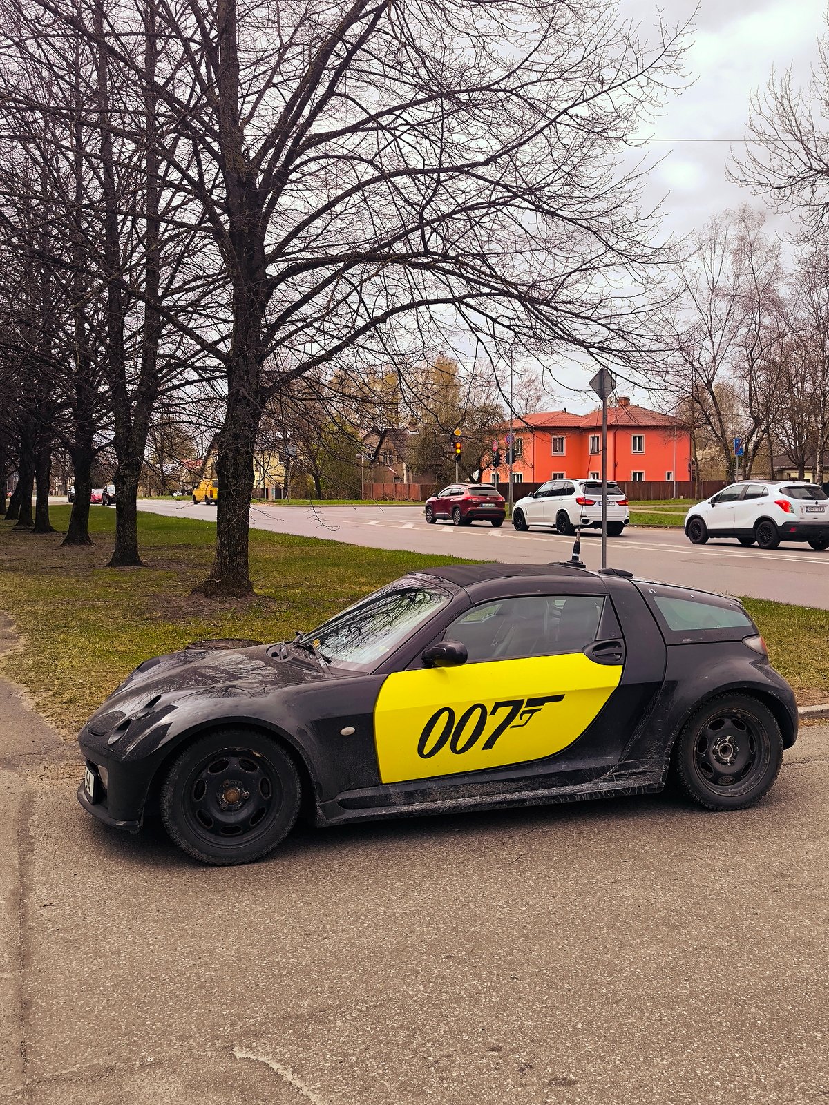 Distinctive compact car with yellow markings spotted in Riga