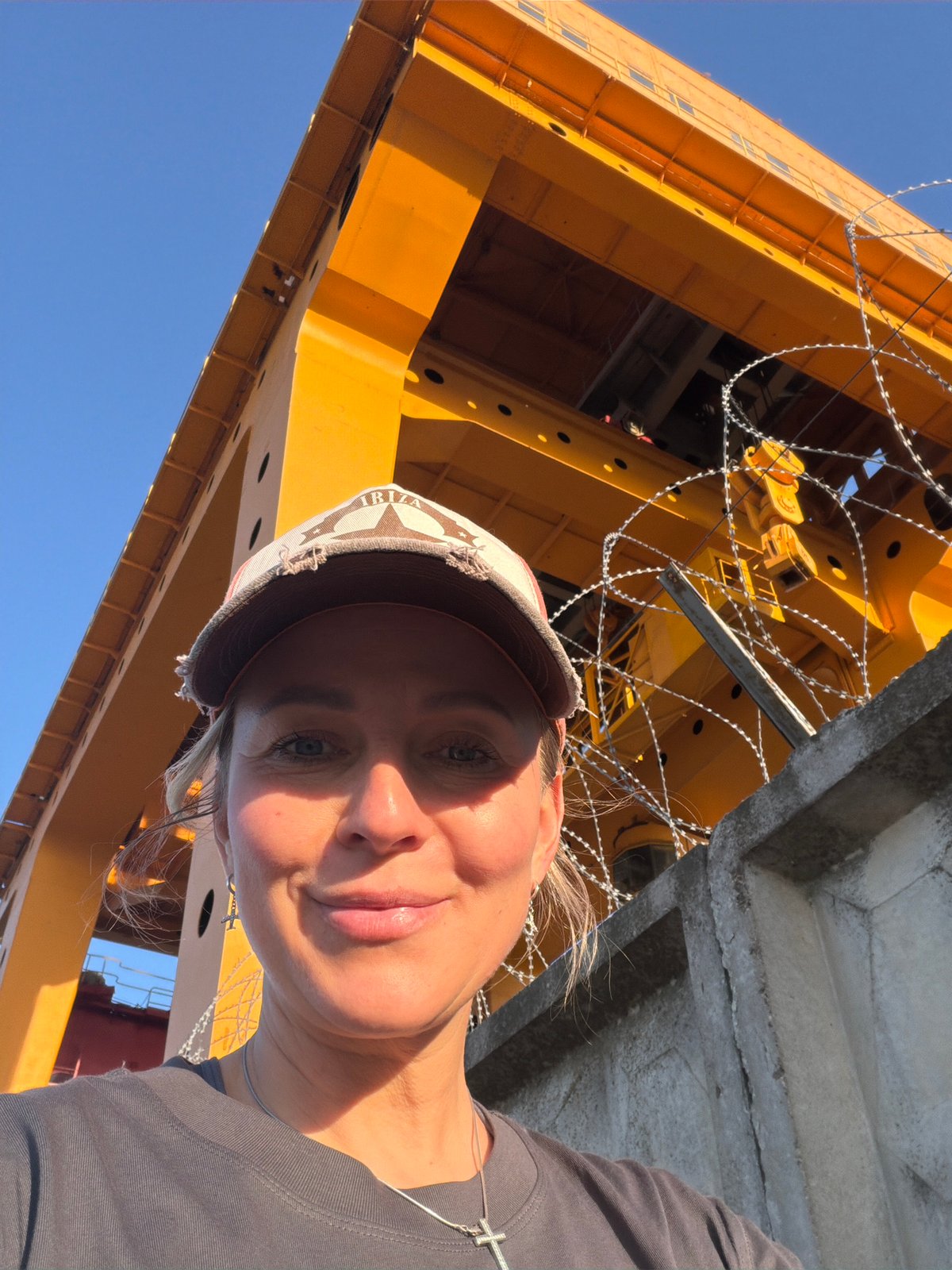 Industrial crane draws selfies, cyclist in Chaikovsky Russia