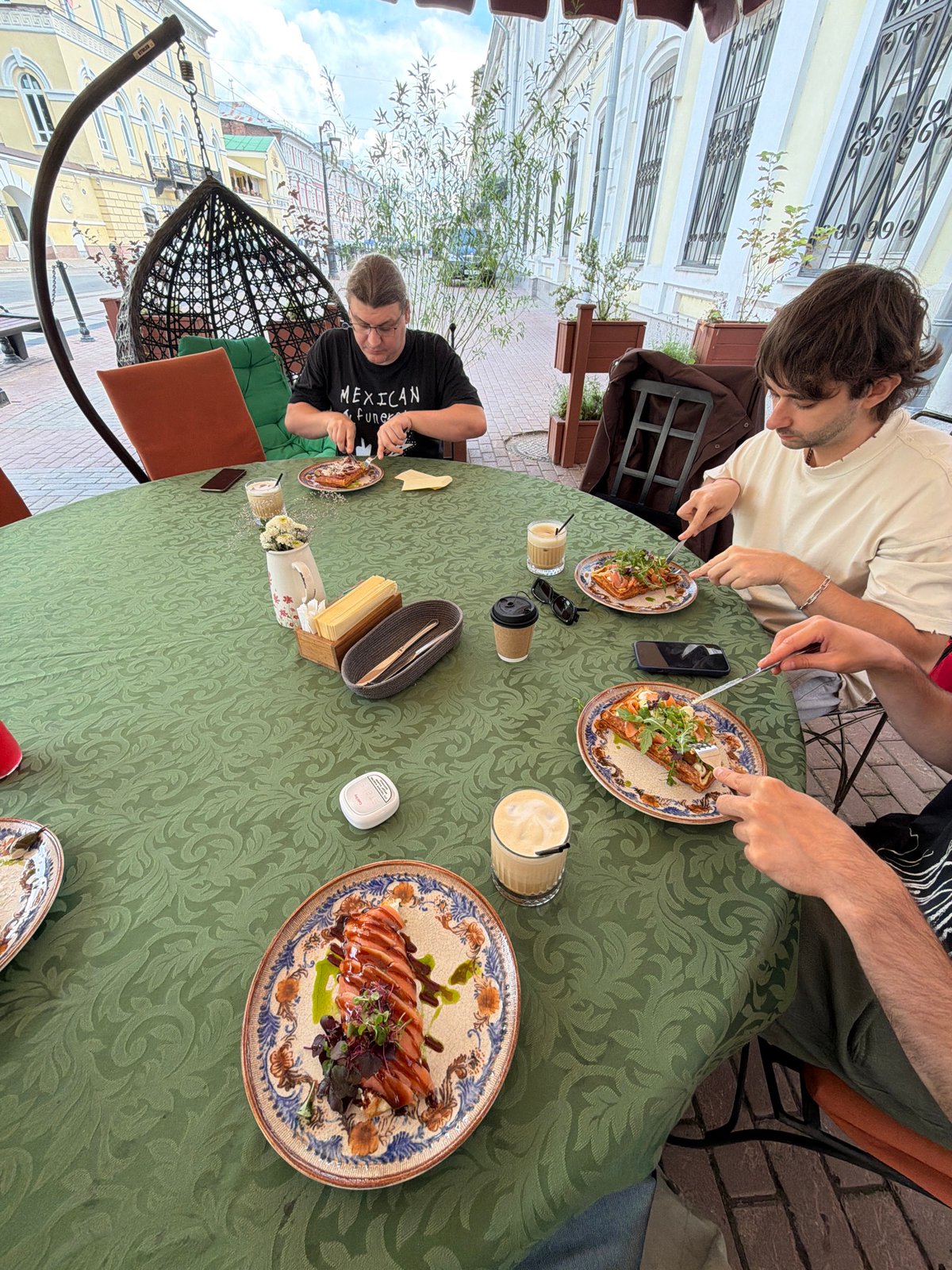 Brunch spread with smoked salmon and waffles in Nizhny Novgorod