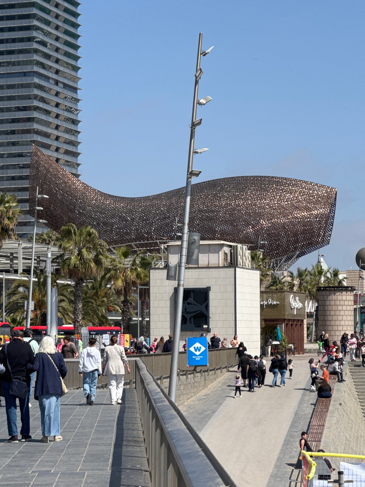 Gehry's Golden Fish sculpture observed near Barcelona beach