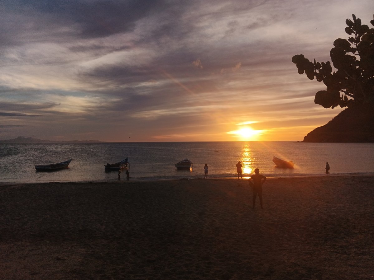 Beach at golden hour, boats, palms, and a fading sky