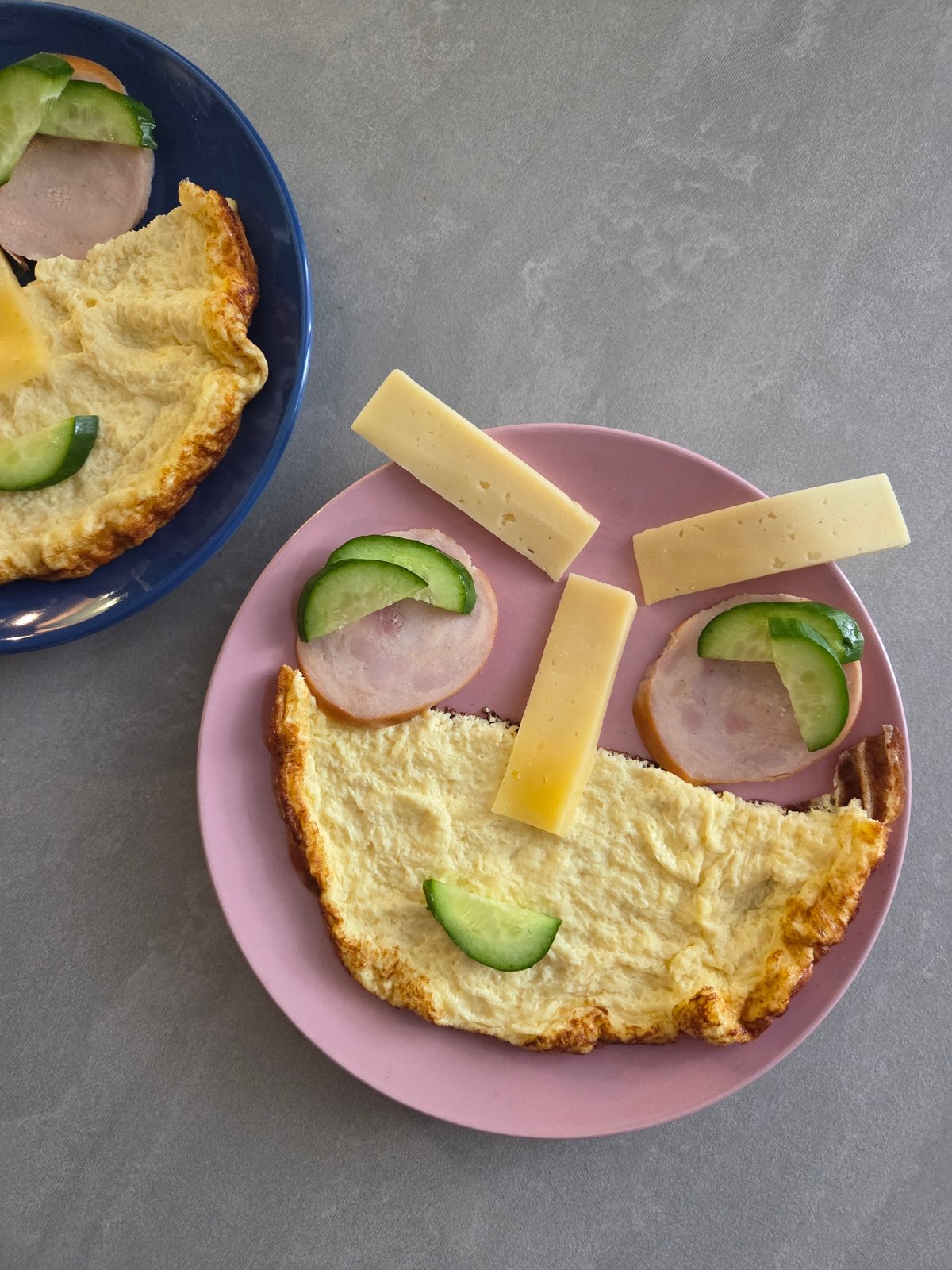 Breakfast plates photographed overhead in Birobidzhan kitchen