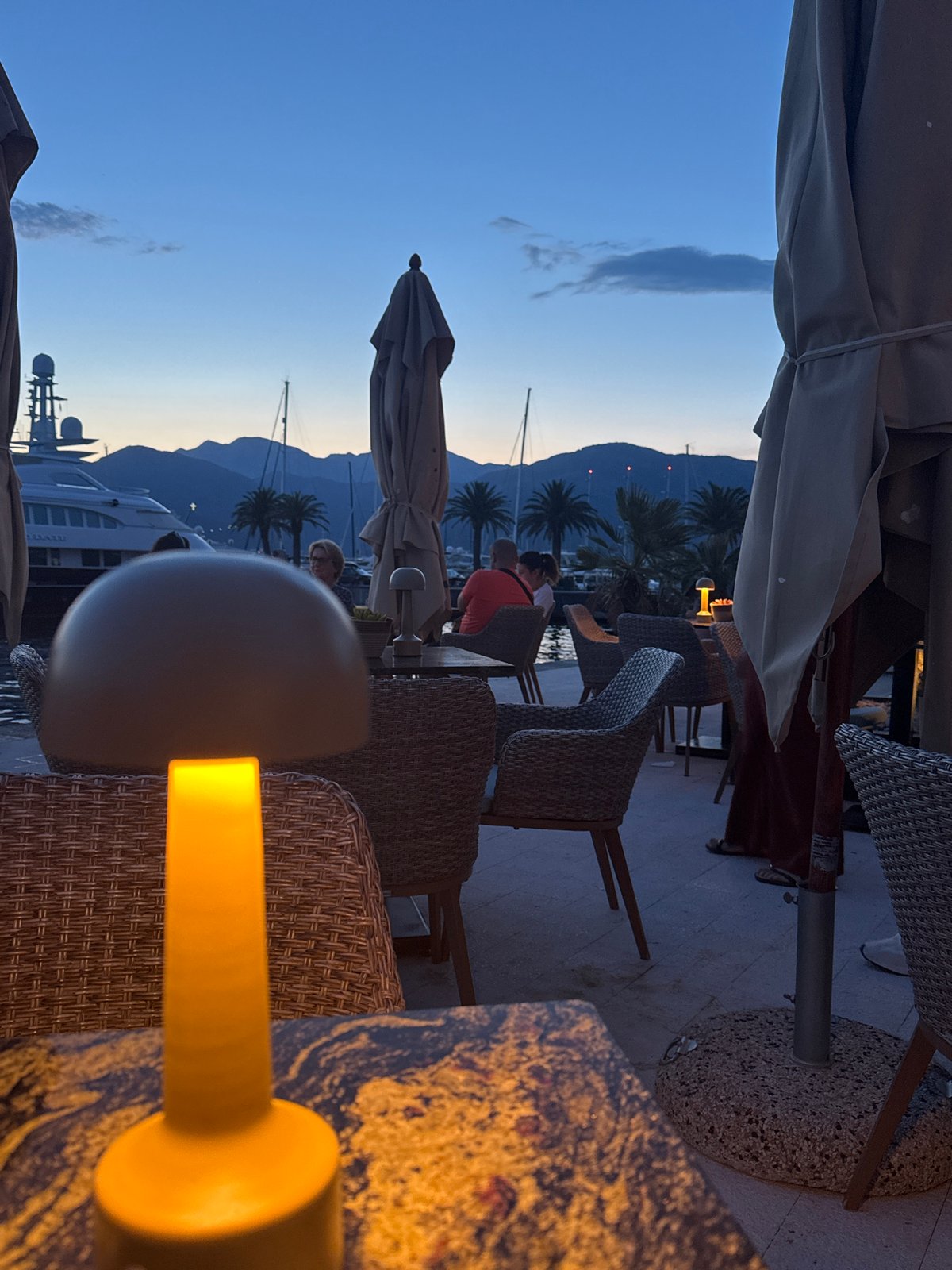 Evening harbor scenes documented in Tivat, Montenegro