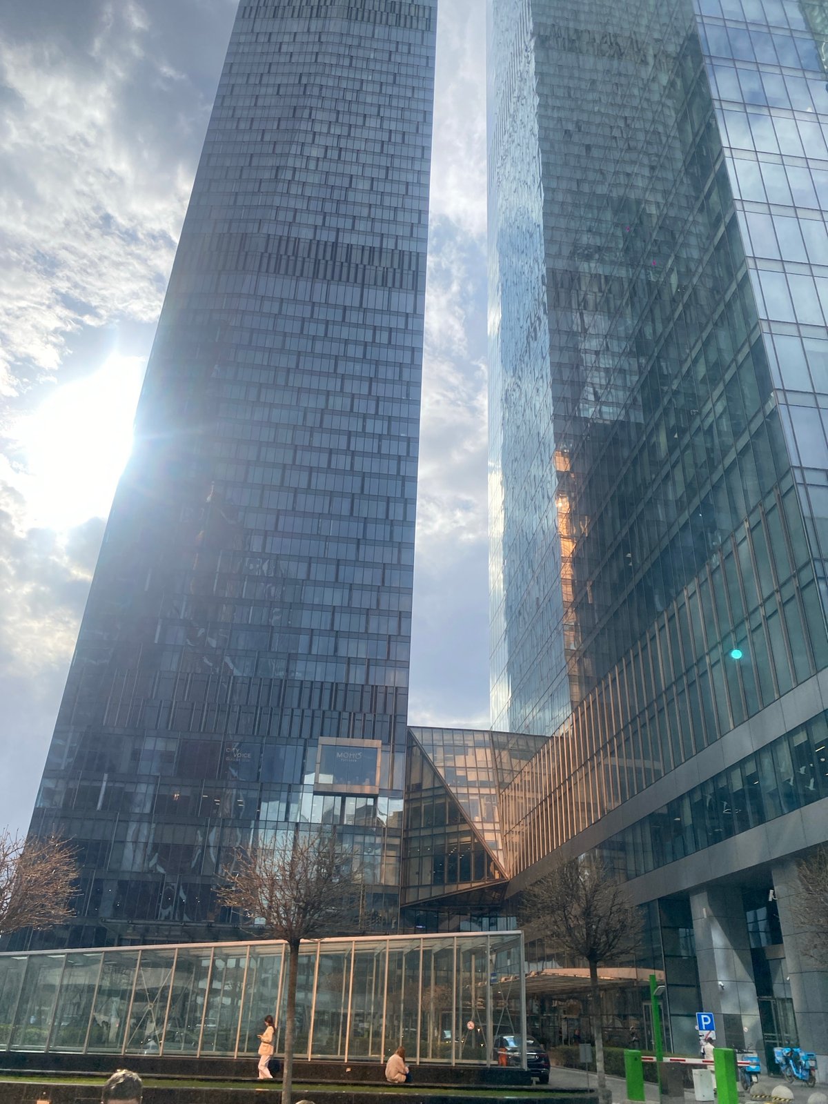 Moscow glass towers photographed from street level