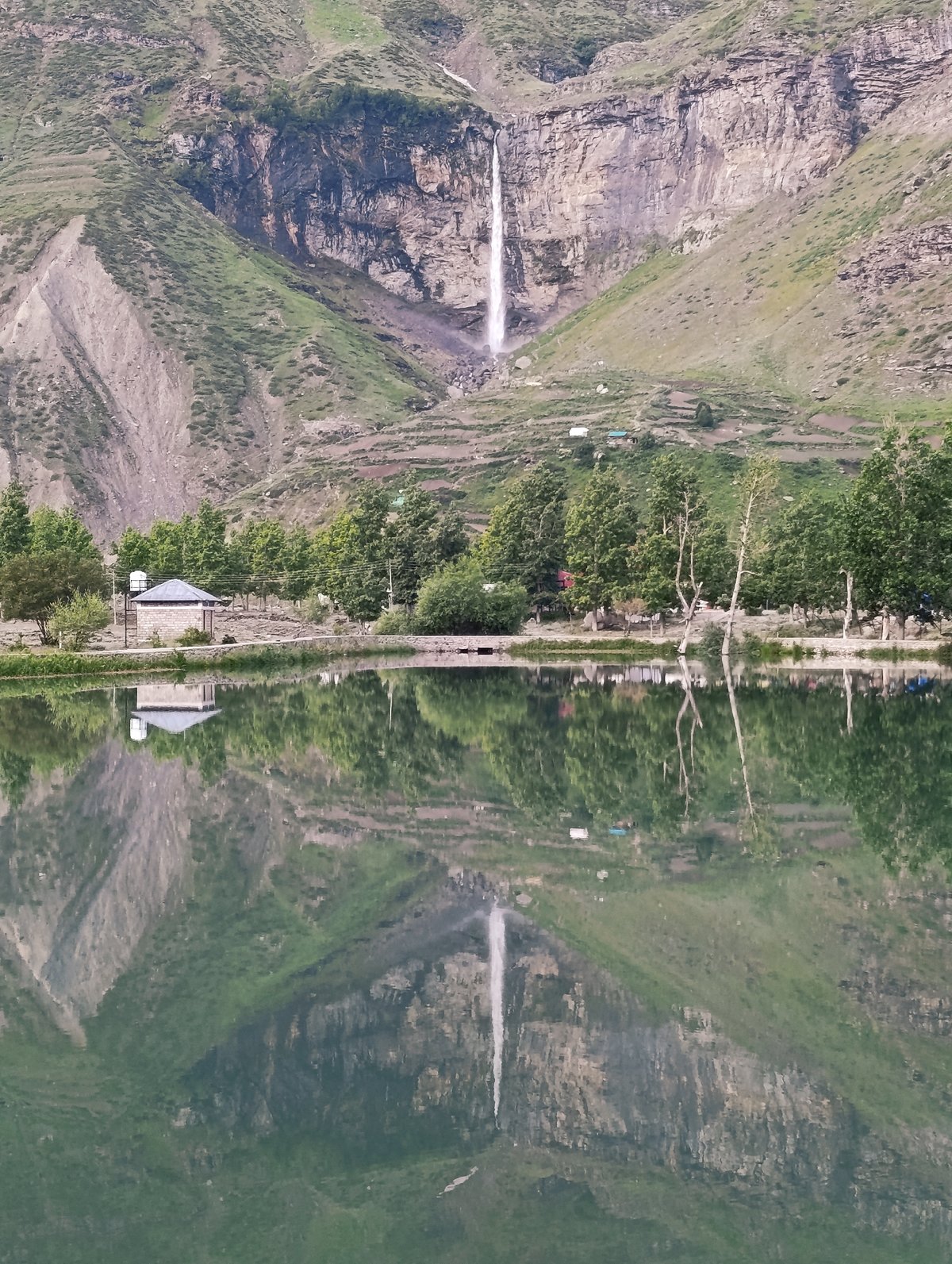 Waterfall, wildflowers, and reflections at a Himalayan alpine lake