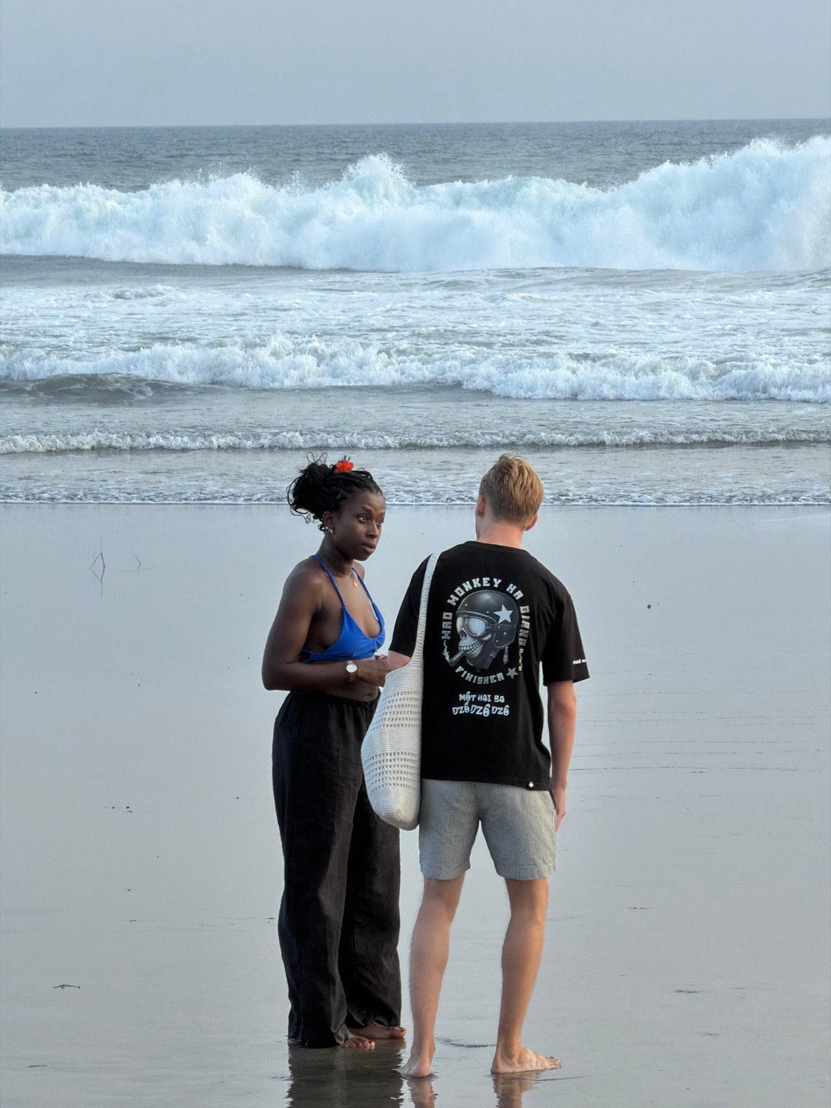 North Kuta beach scene: vendors, food, surf, and ocean views