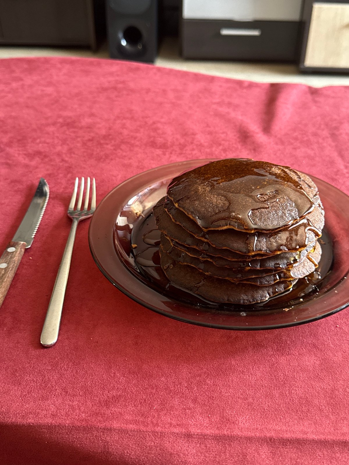 Chocolate pancakes photographed during breakfast in Blagoevgrad, Bulgaria