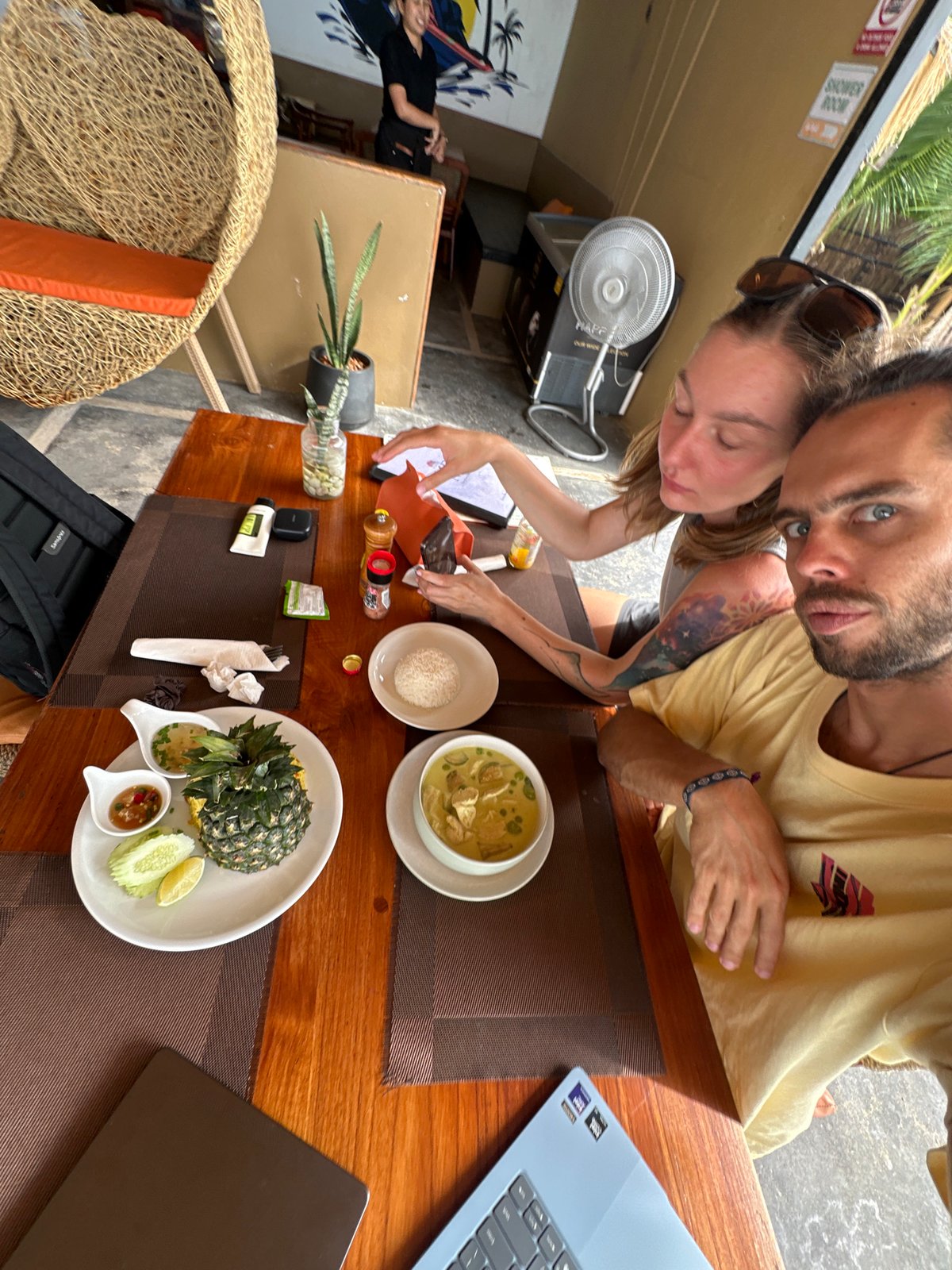 Lazy beach morning in Ko Samui — dining, jet skis, overcast sea