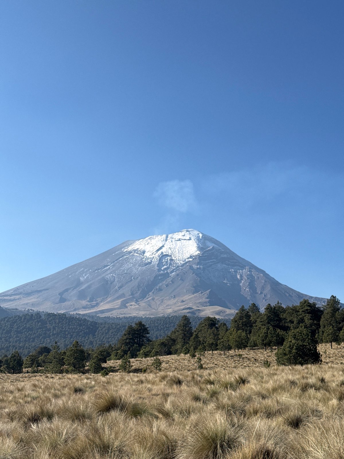 Clear skies reveal snow-capped Popocatépetl from Tlamacas, Mexico