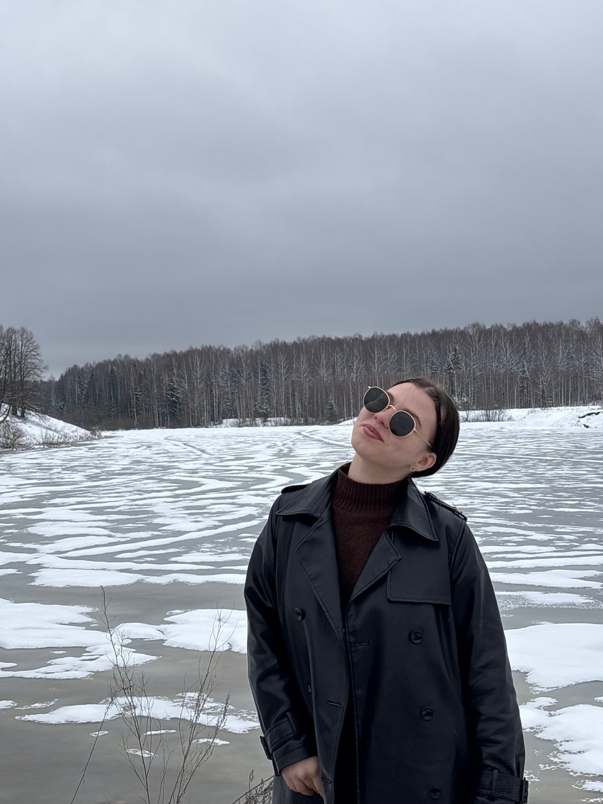 Woman observed at frozen waterside in Zasechnyi, Russia
