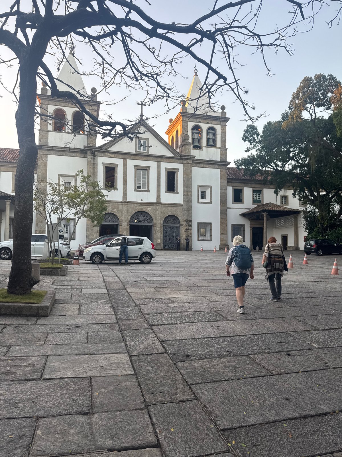 Historic church plaza in Rio, statues and old trees