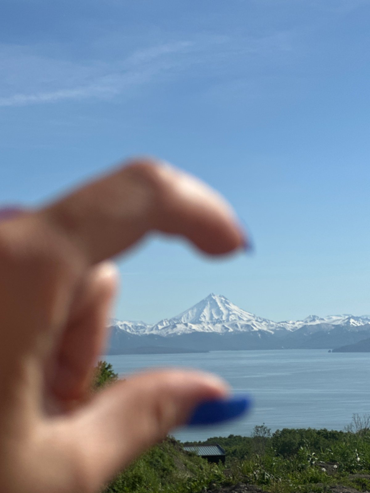 Avacha Bay and Kamchatka volcanoes framed through a hand