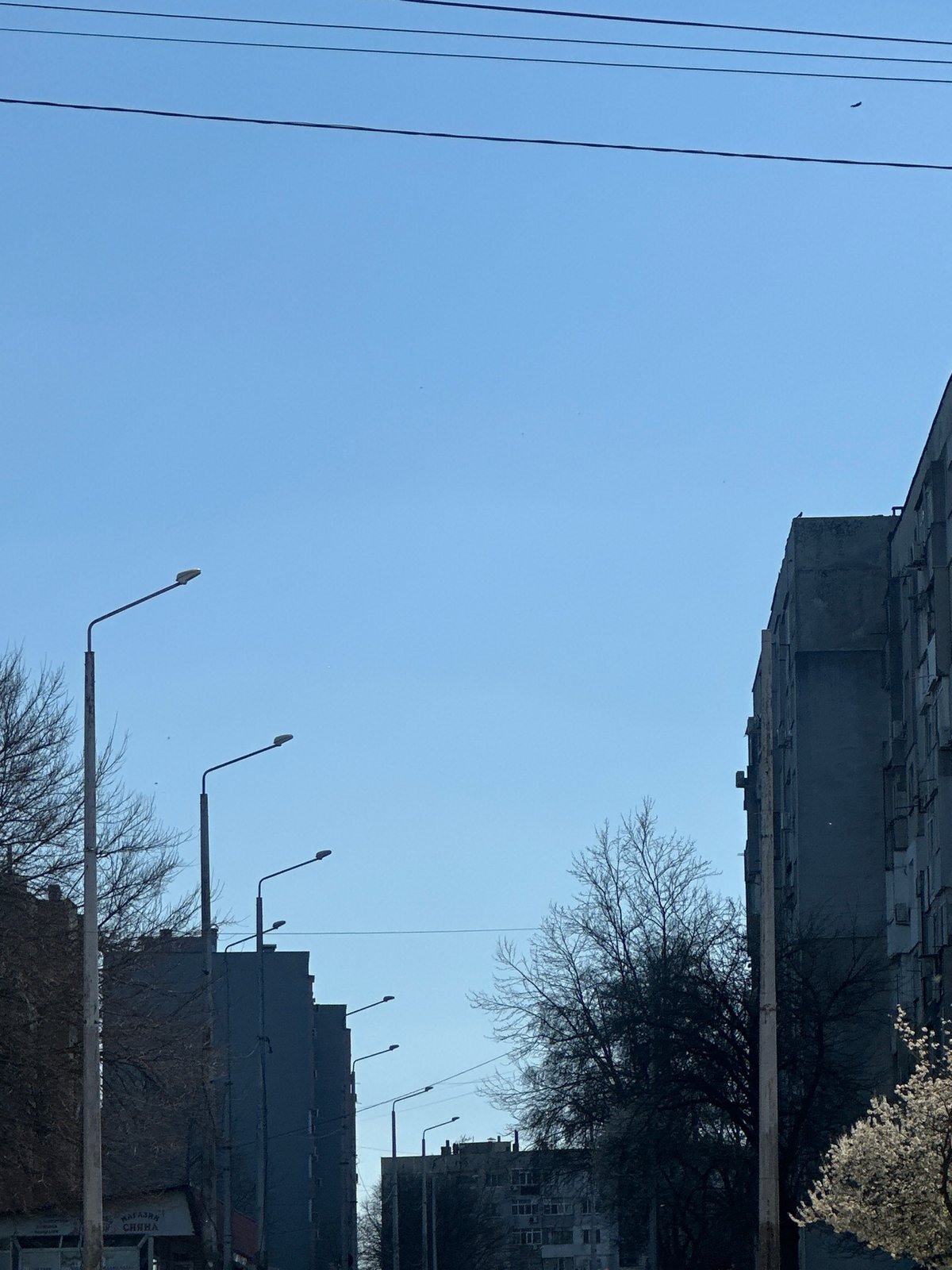 Clear skies observed over residential street in Dobrich, Bulgaria