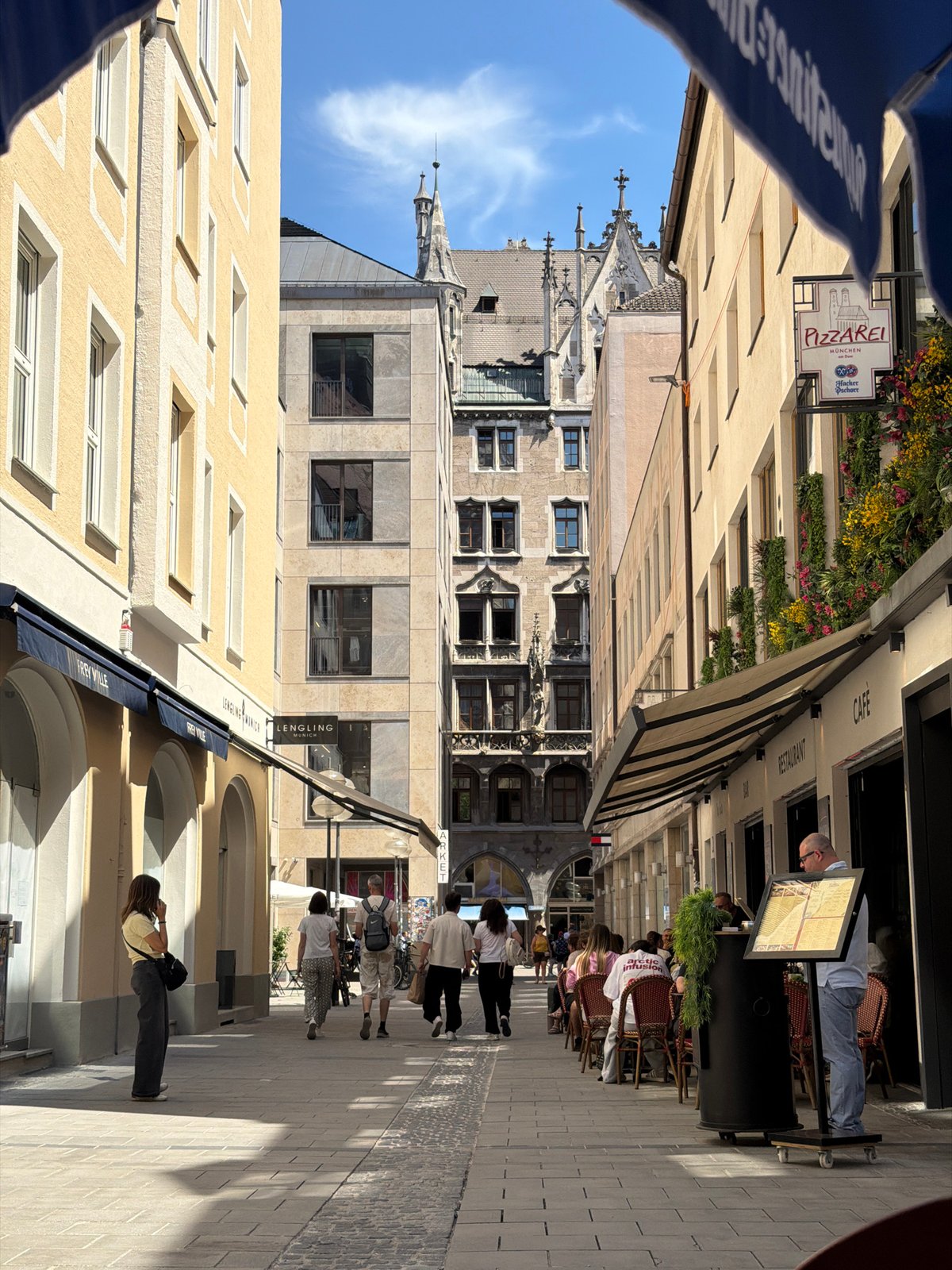 Sunny afternoon on a busy pedestrian street in central Munich
