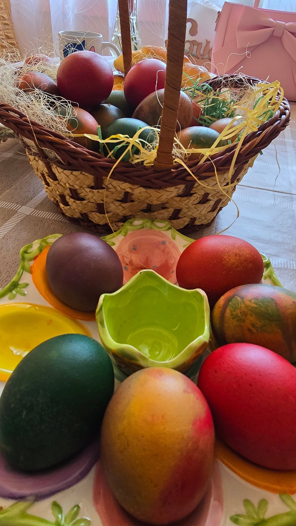Colorful Easter eggs displayed in baskets in Levski, Bulgaria