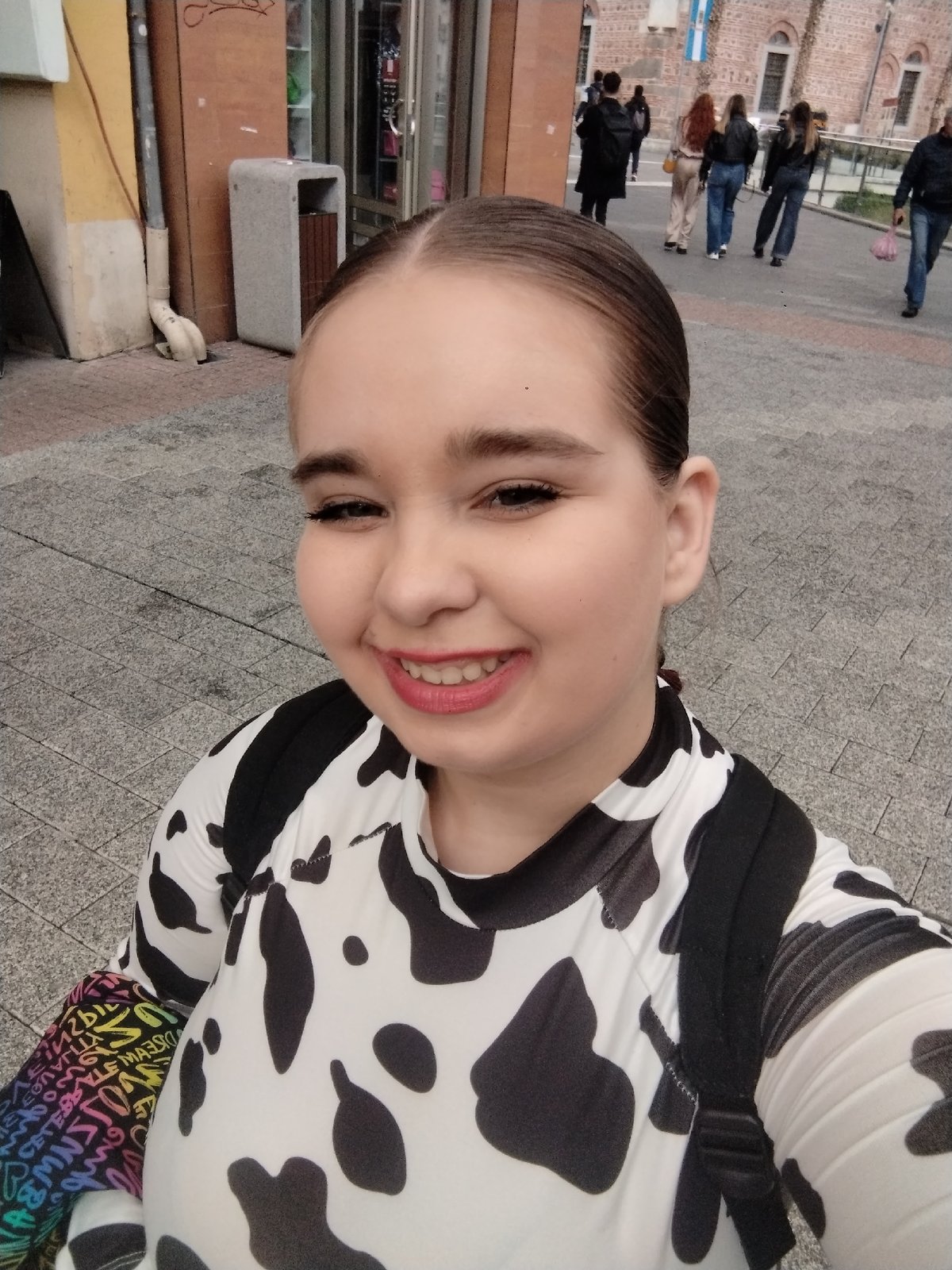 Woman photographed in downtown Plovdiv on overcast morning