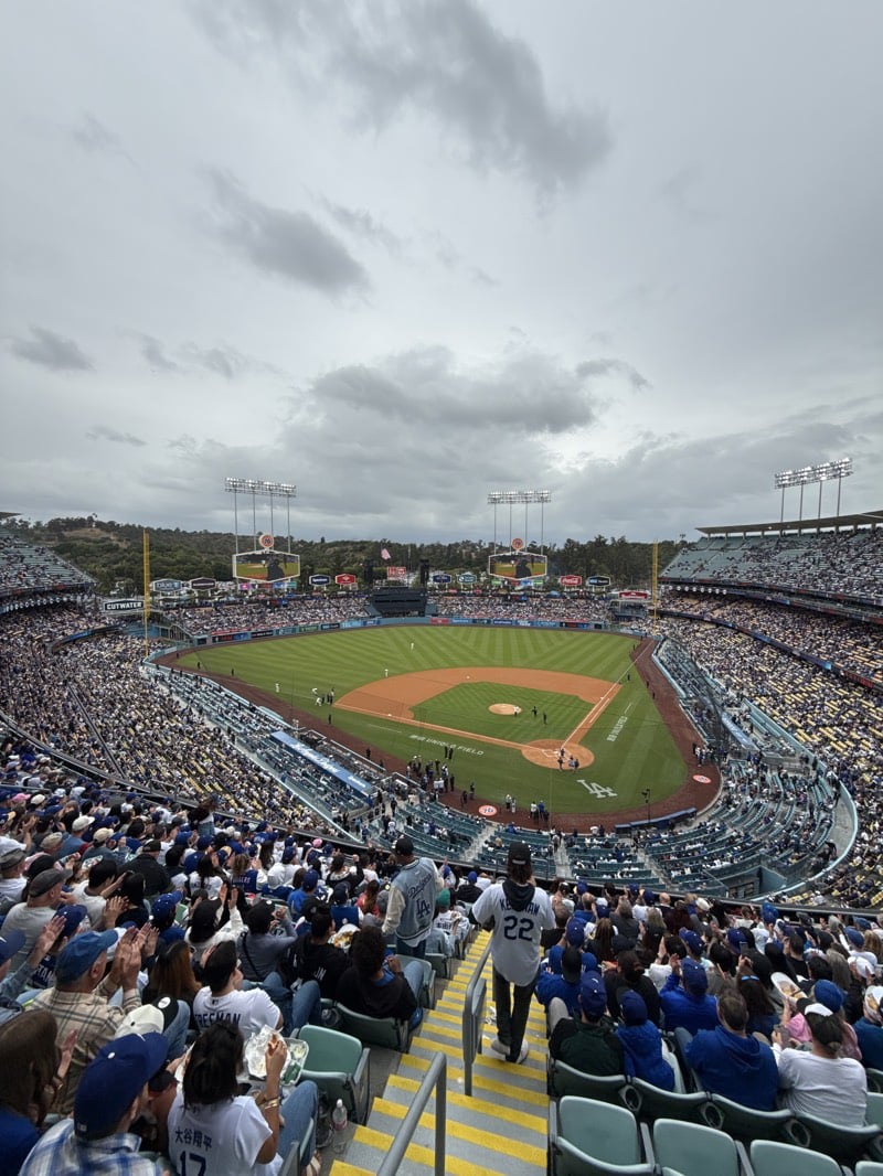 Packed crowd attends nighttime baseball game at Dodger Stadium