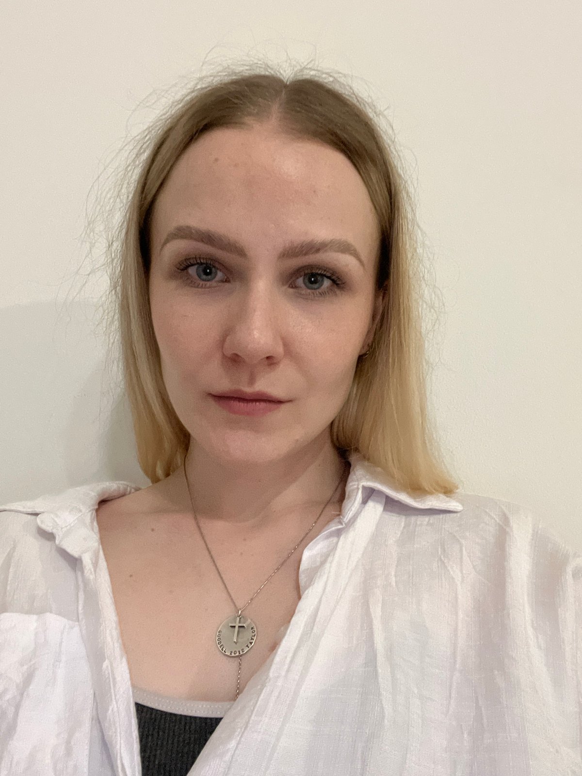 Woman photographed in white shirt in Khimki, Russia
