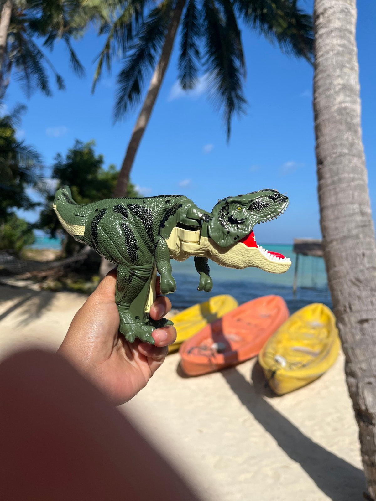 Toy dinosaur water gun play at a Legonipah beach resort
