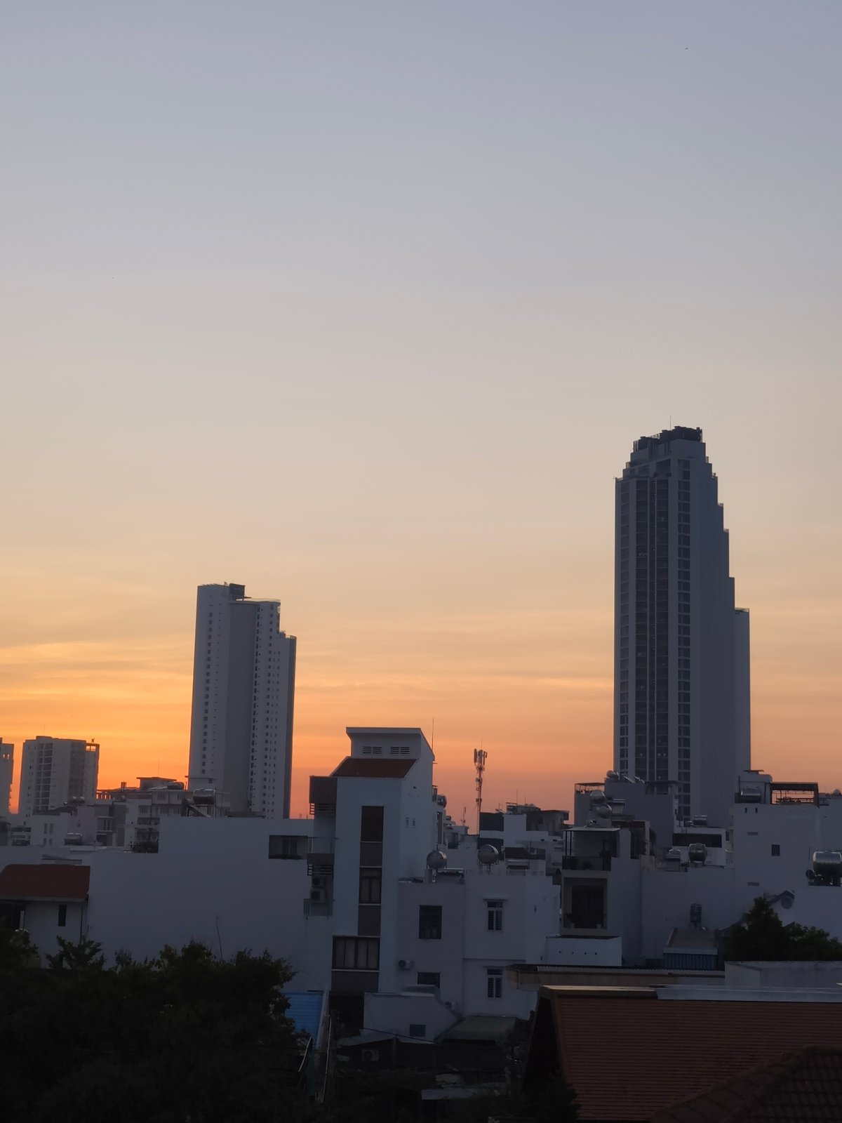 City skyline and rooftops at golden hour