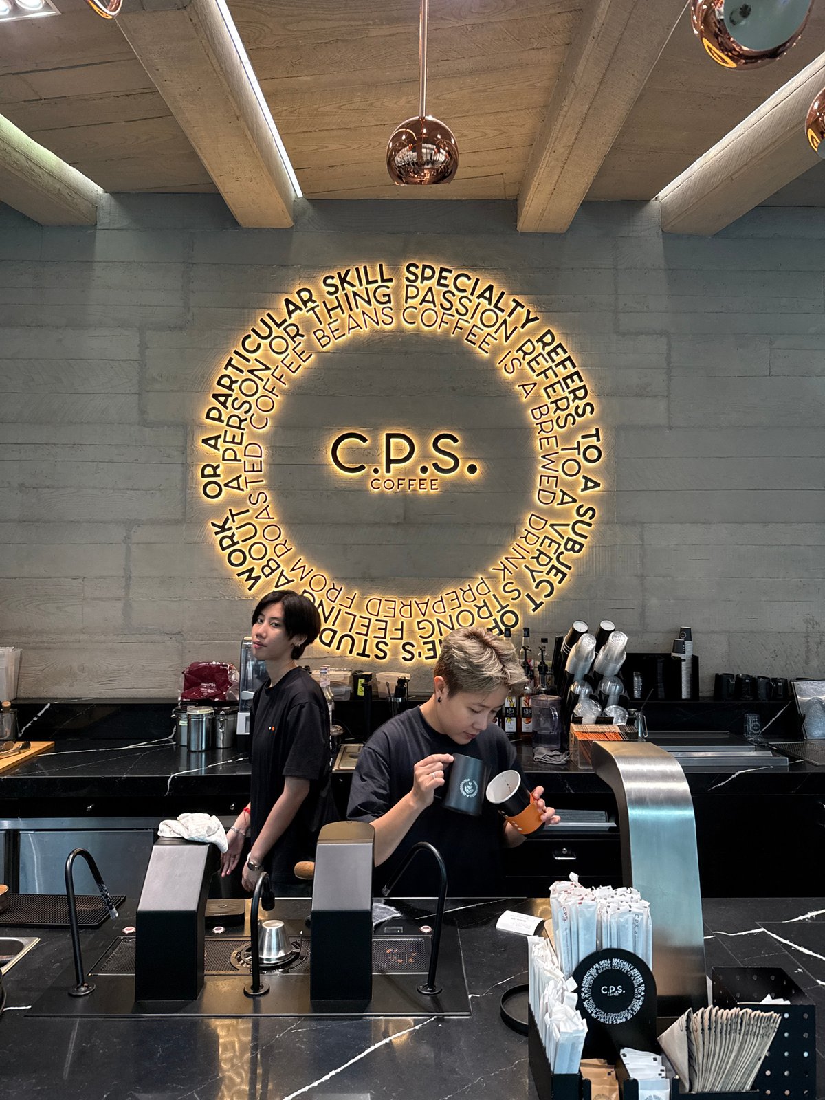Modern coffee shop interior documented in Bangkok early morning