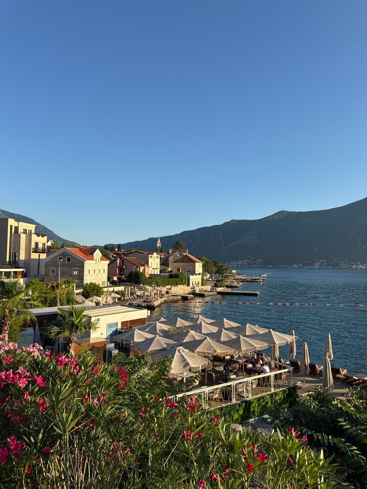 Cruise ship sails past Montenegro coastal town waterfront