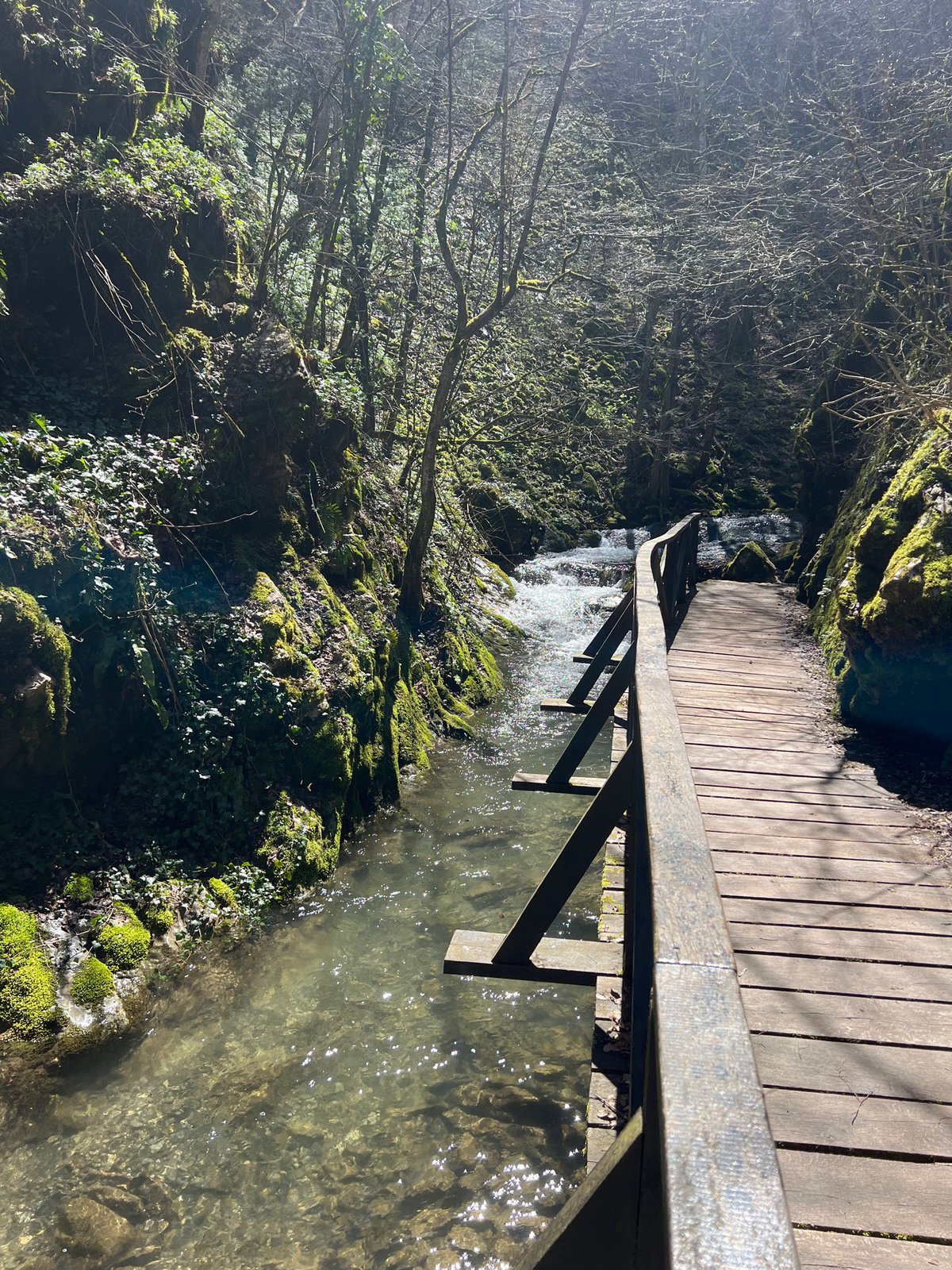 Wooden bridge spans stream in Teteven, Bulgaria countryside