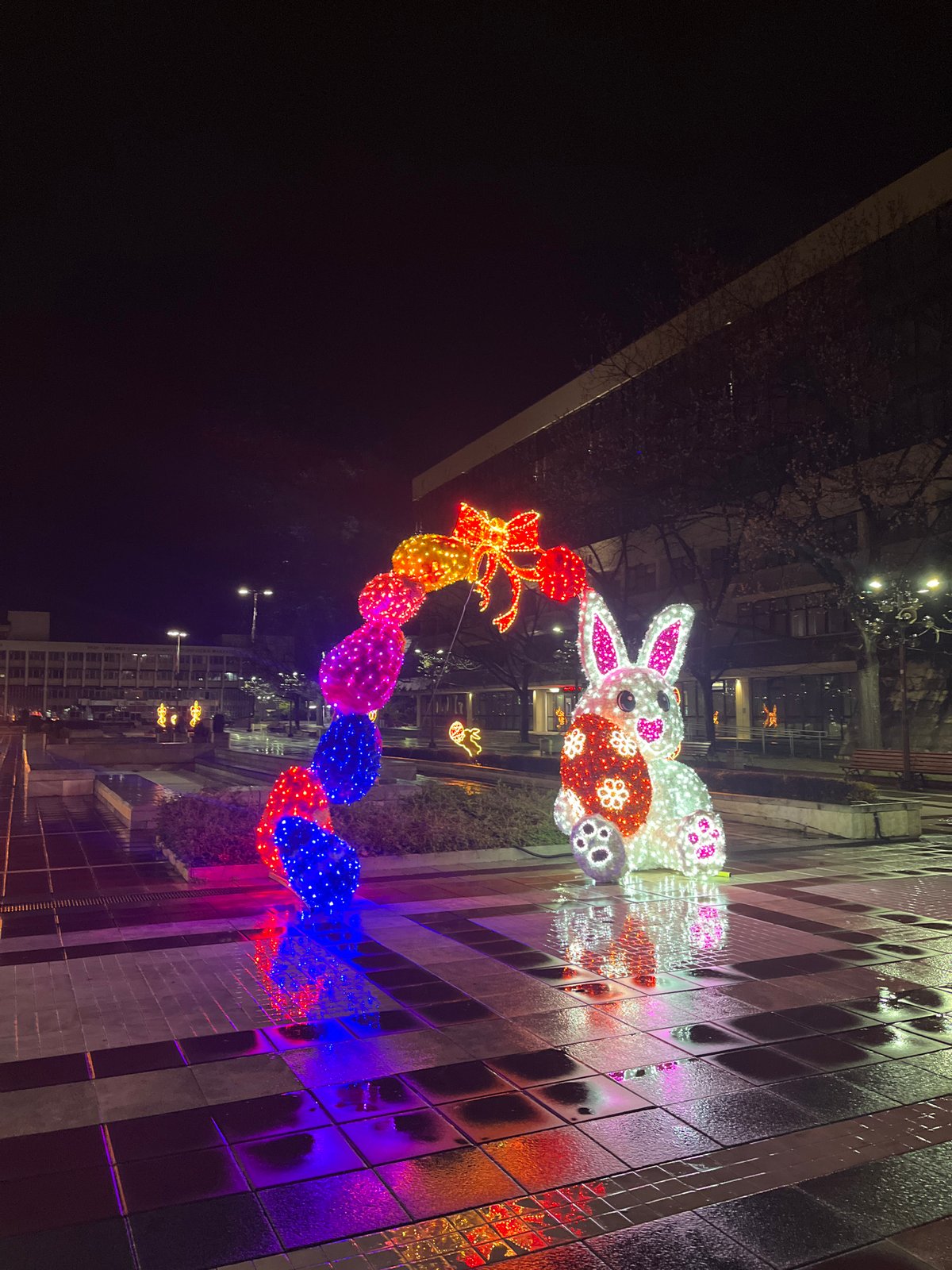 Easter rabbit display illuminates Blagoevgrad streets in Bulgaria