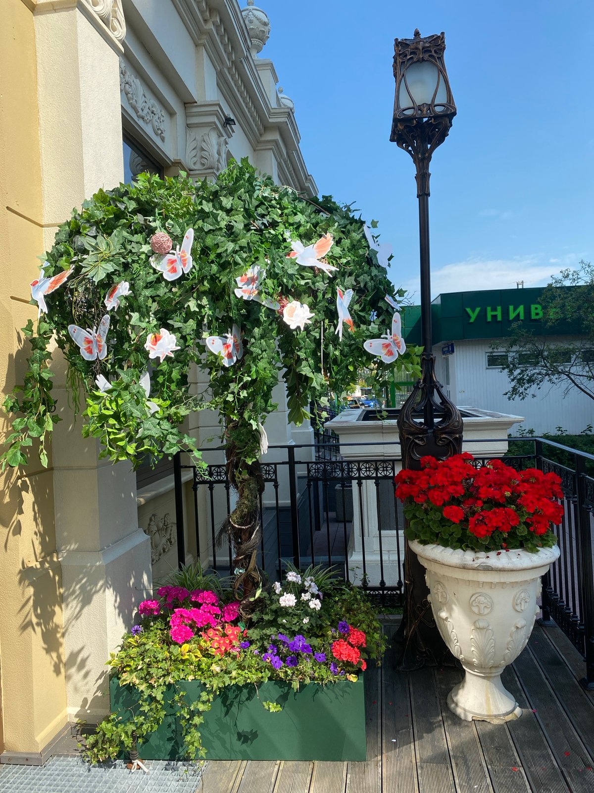 Decorated entrances and quiet walkways in a Moscow neighborhood