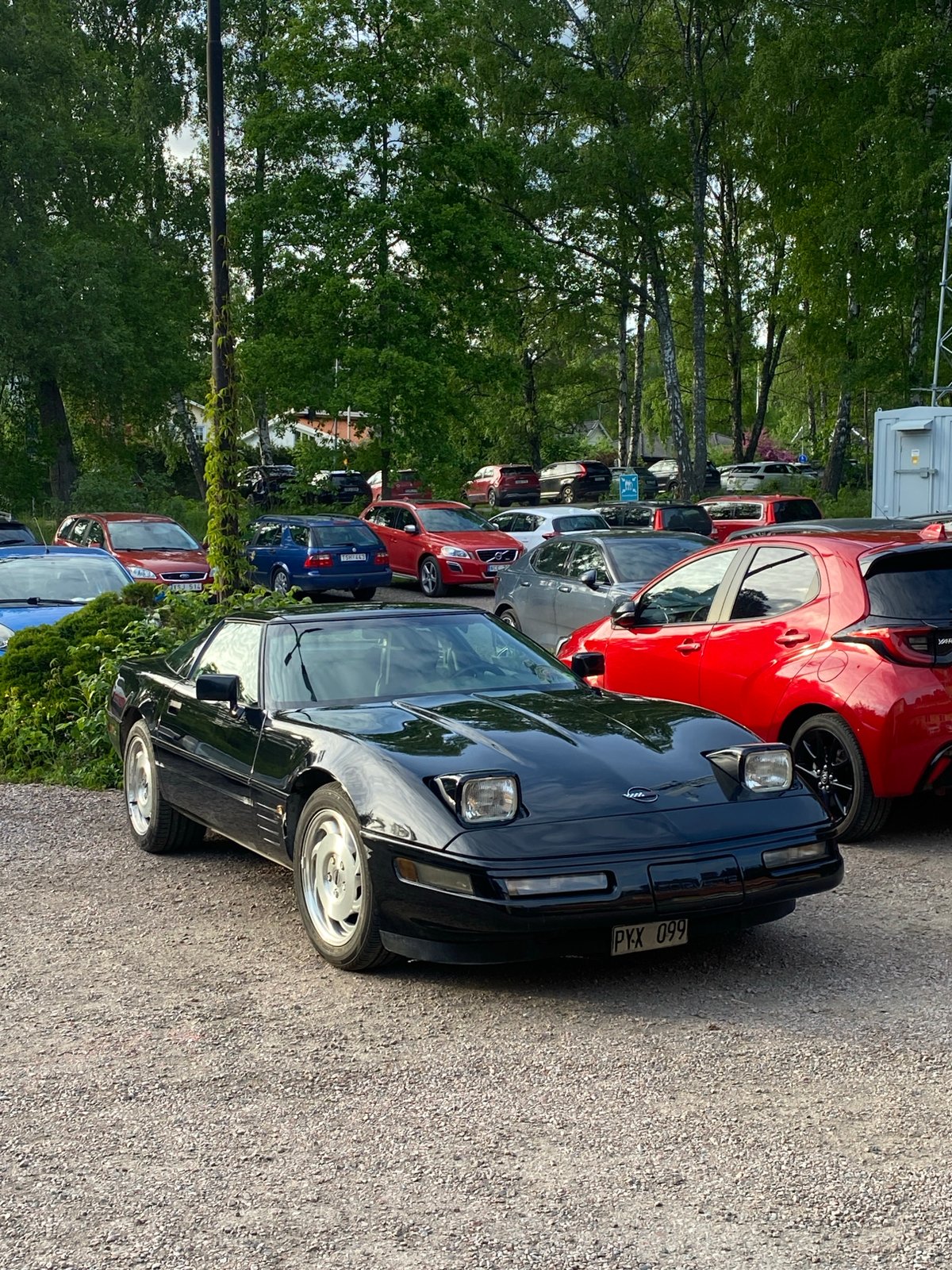 Black sports car spotted parked on gravel road in Uppsala