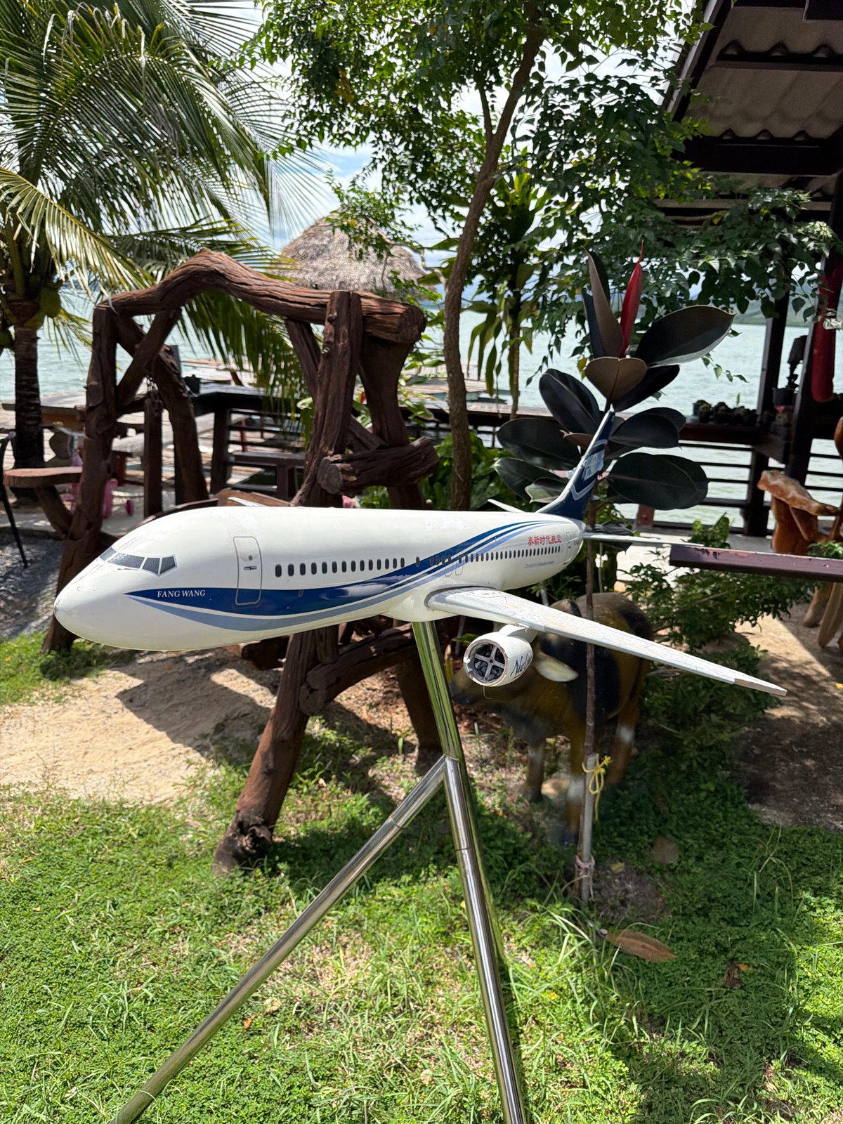 Lakeside resort with pier, model plane, and tropical details