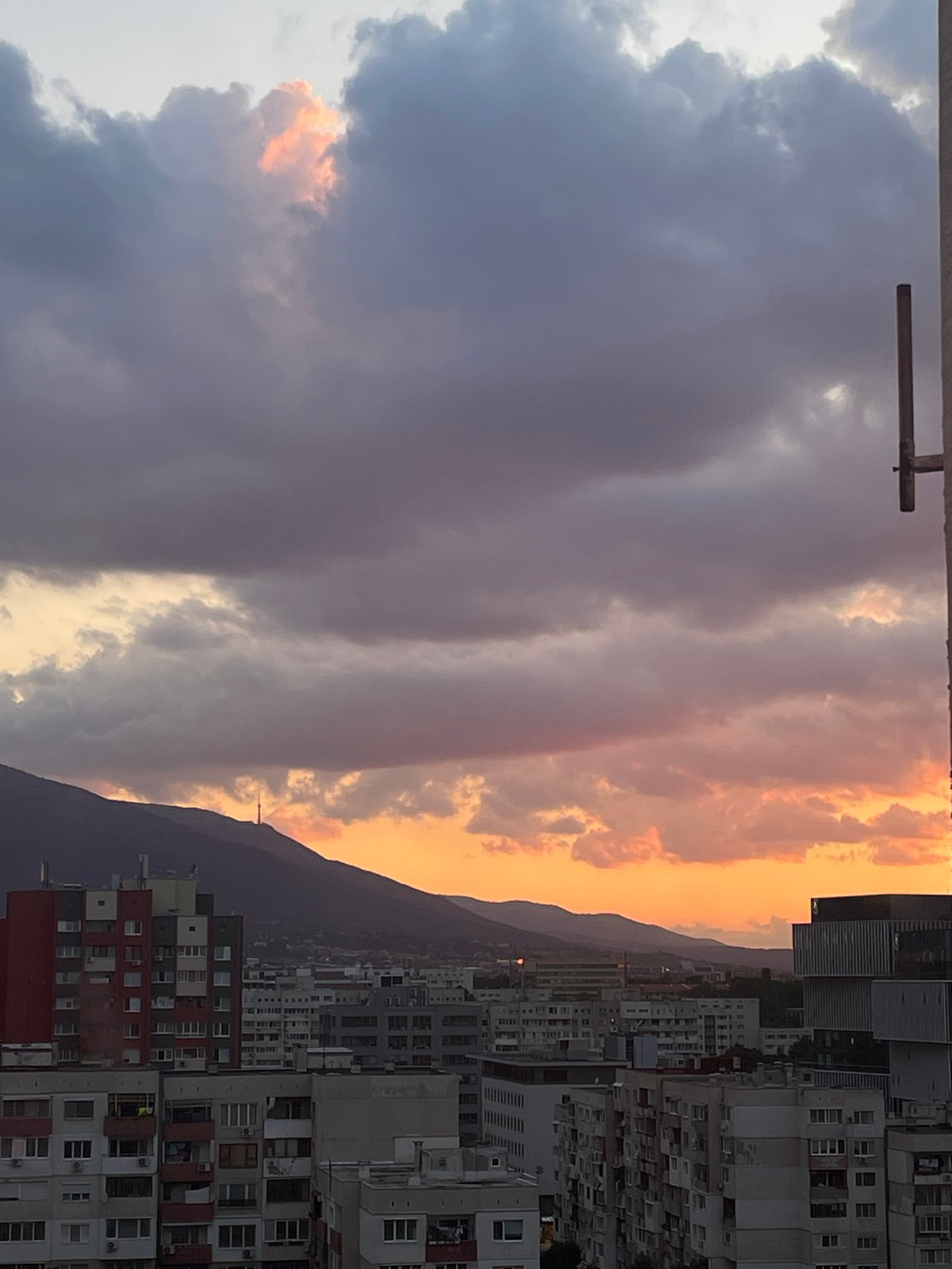 Dramatic sunset with dense clouds observed over Sofia, Bulgaria
