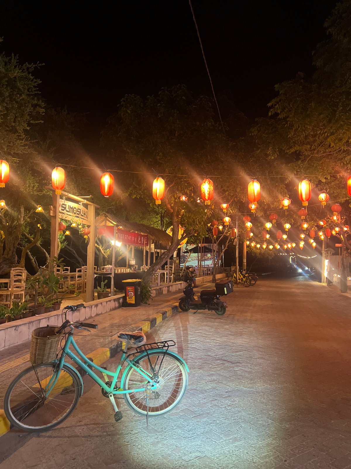 Red paper lanterns illuminate Indonesian street at night