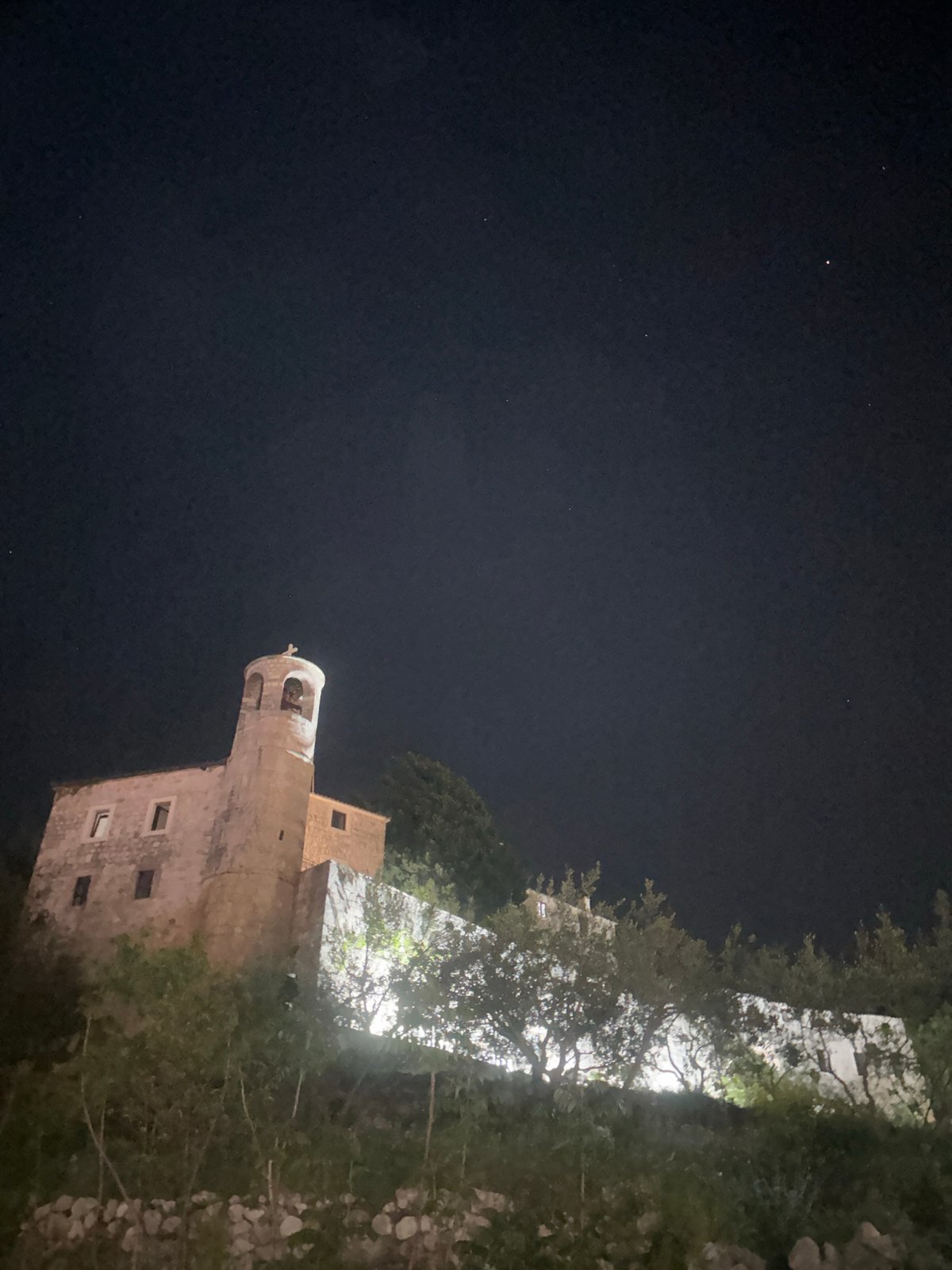 Nighttime scenes captured at Montenegro monastery and nearby streets