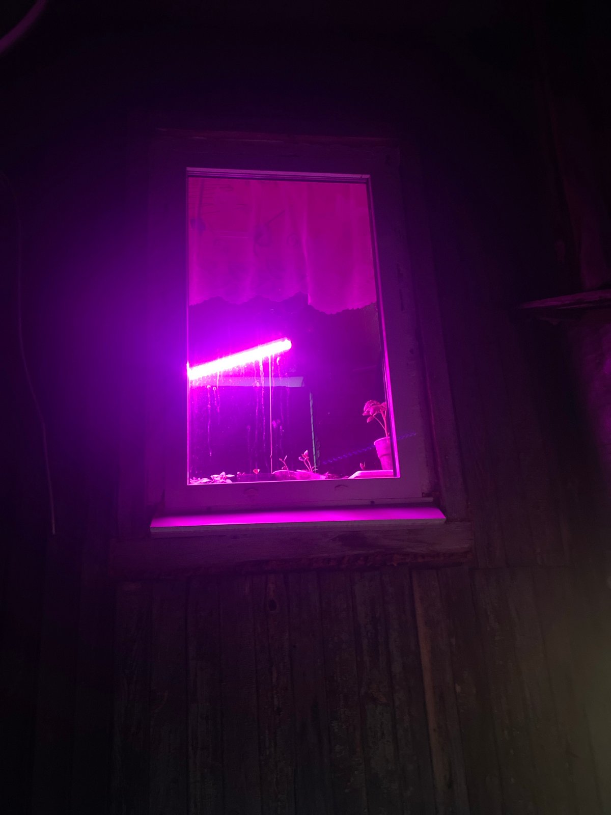 Purple light illuminates broken window in Chaikovsky, Russia