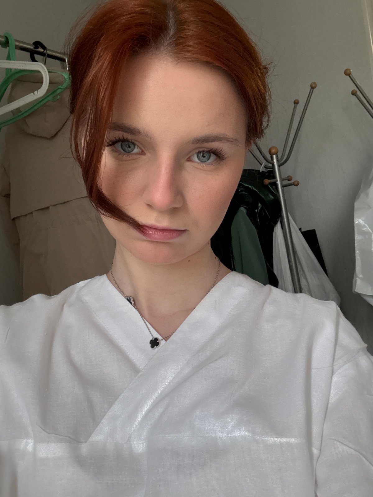 Woman in white shirt photographed in Russia early morning