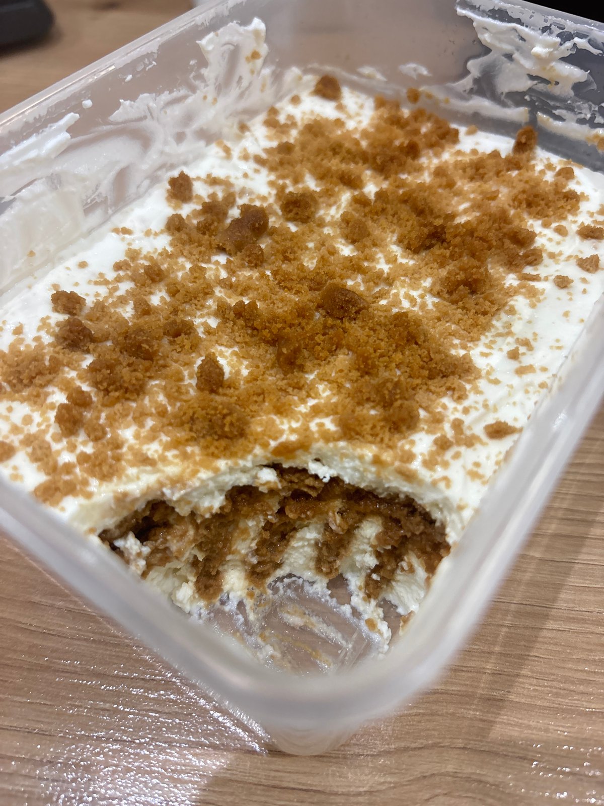 Partially-eaten tiramisu dessert observed in Sofia takeaway container