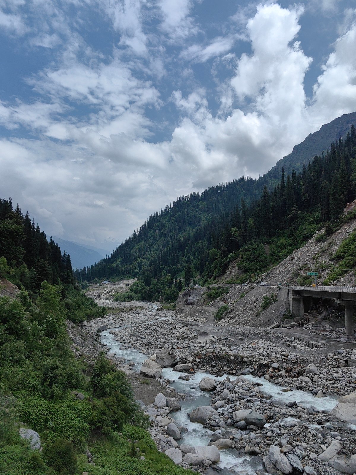 Rocky river valley and mountain road near Dhundi, Himachal Pradesh