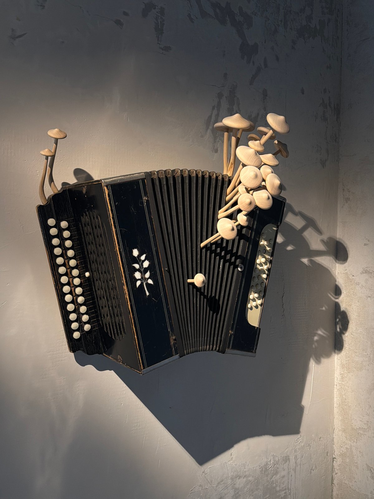 Accordion surrounded by mushroom objects photographed in Moscow