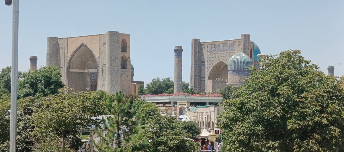 Samarkand's Registan complex and surrounding streets, morning.