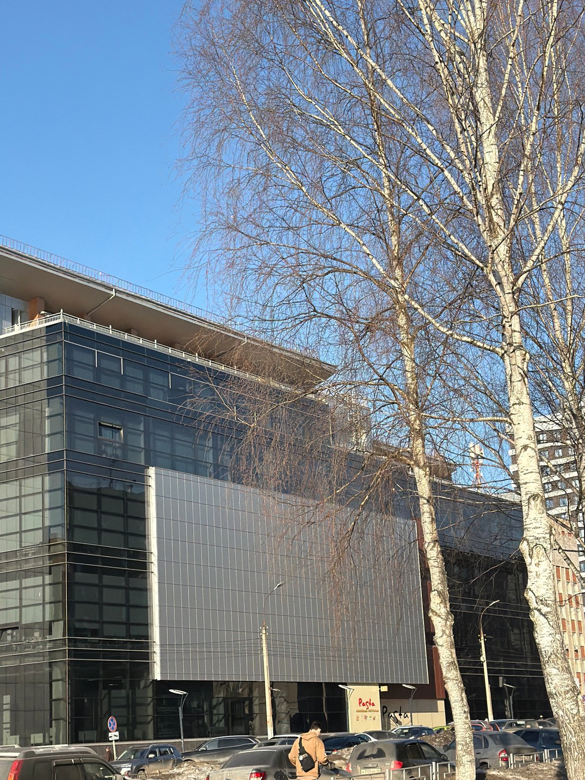 Modern glass building observed through bare branches in Izhevsk