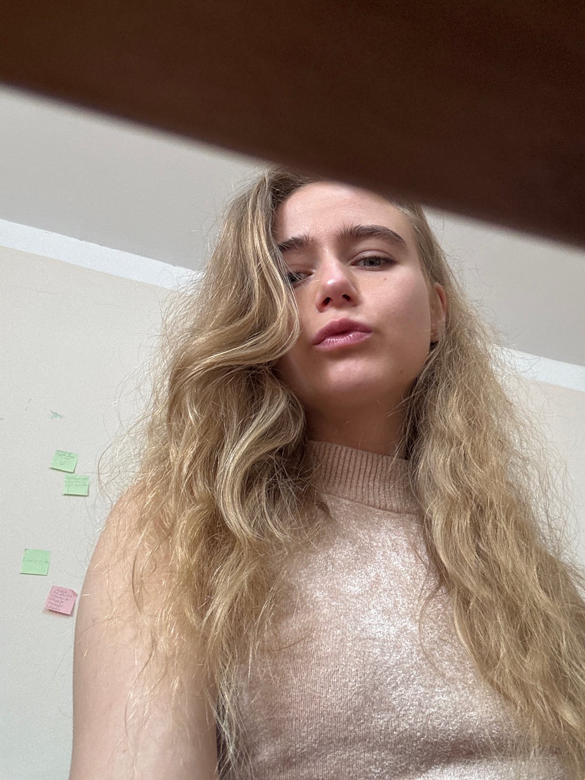 Academic day captured: blonde woman, multilingual notes, classroom scenes